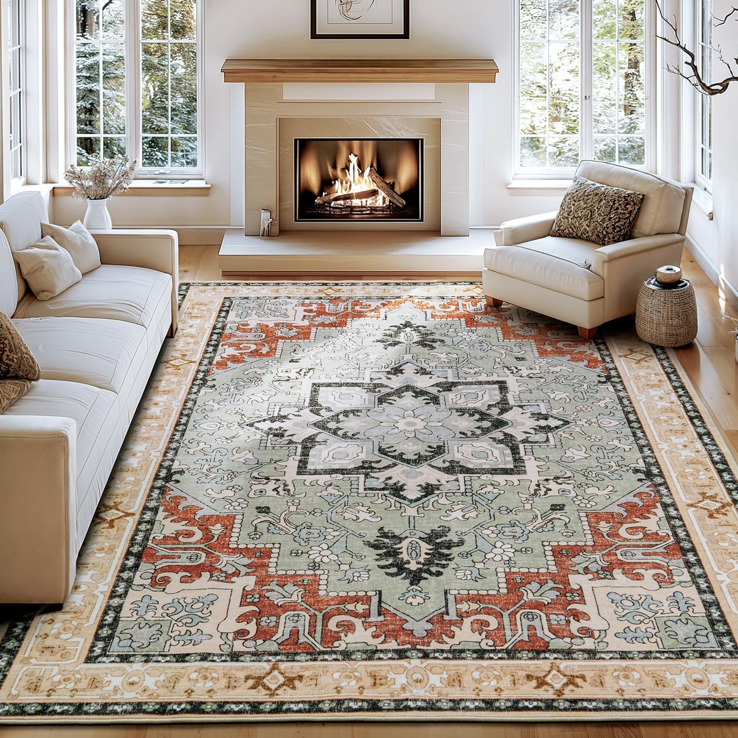 Lofus 5x7 Area Rugs for Living Room Bedroom, Soft Boho Carpet Floral Brown | High-Power Vacuuming, Non-Slip, Low Pile, Stain & Water Repellent, Soft, Skin-Friendly, for Kitchen Entryway Office