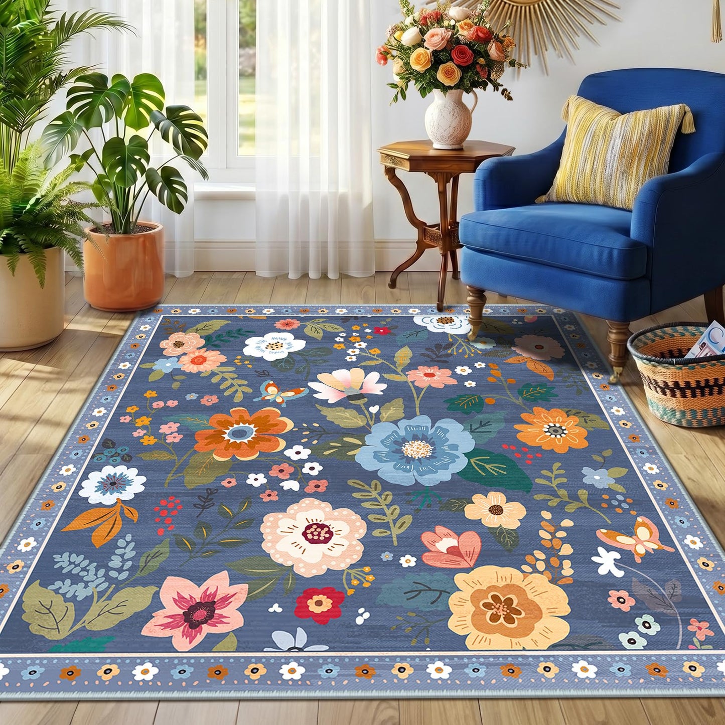 RELEANY Floral Washable 5x7 Area Rugs Beige/White/Orange | Flower Carpet, Print, Boho, Non-Slip, Easy to Clean, Soft, Low Pile for Living Room Bedroom Kitchen Office Entryway Hallway