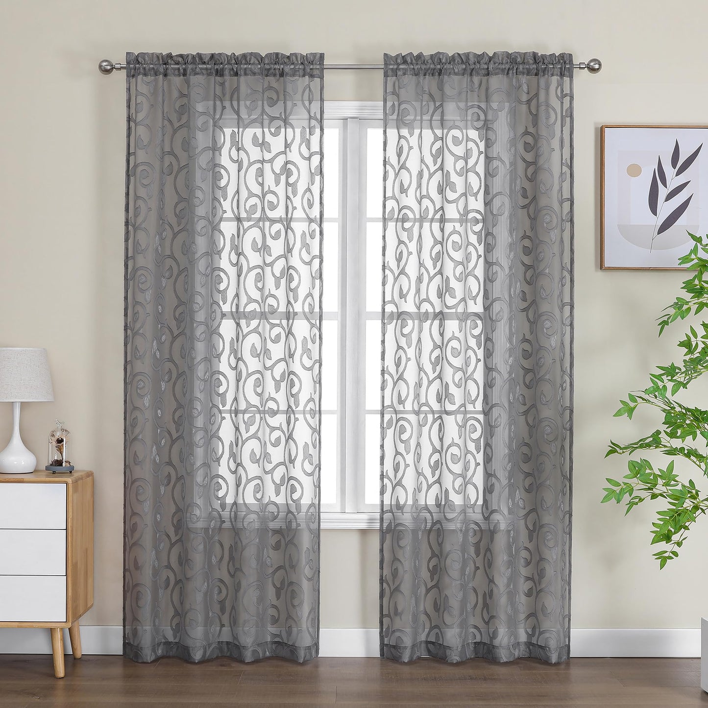 Furman Ivory Sheer Curtains 84 inches Long for Bedroom Living Room 2 Panels Set, Jacquard Clip Light Filtering Semi Sheer Curtain Rod Pocket Window Drapes, 2 Pcs Each 40 W 84 L