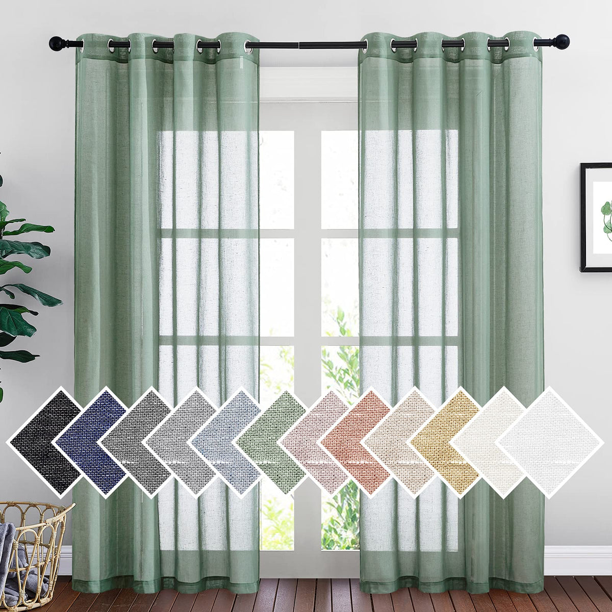 NICETOWN White Sheer Linen Curtains for Living Room 84 inch Length 2 Panels Set, Grommet Semi Sheer Privacy with Light Filtering Flax Window Treatments for Bedroom, W52 x L84