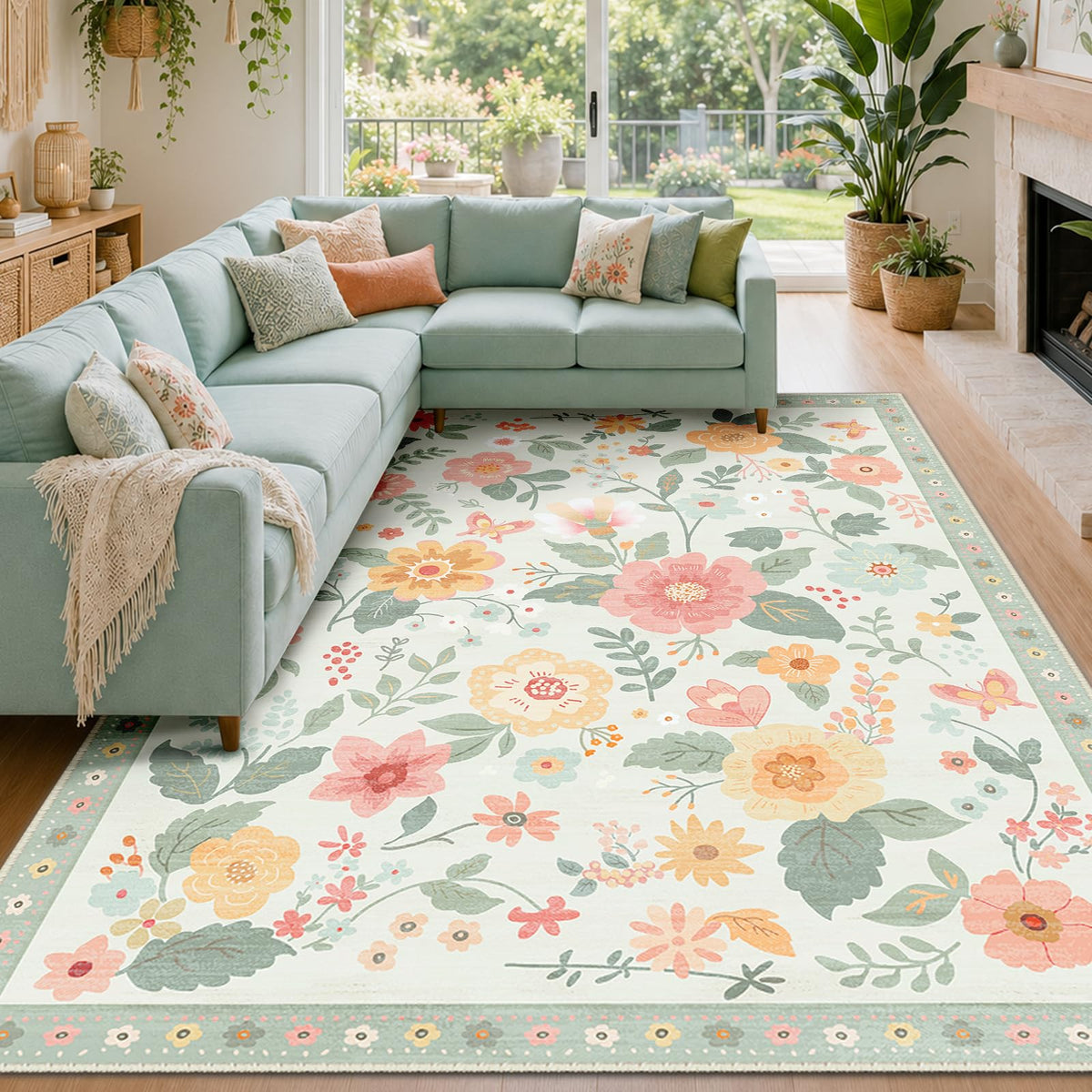RELEANY Floral Washable 5x7 Area Rugs Black | Flower Carpet, Print, Boho, Non-Slip, Easy to Clean, Soft, Low Pile for Living Room Bedroom Kitchen Office Entryway Hallway