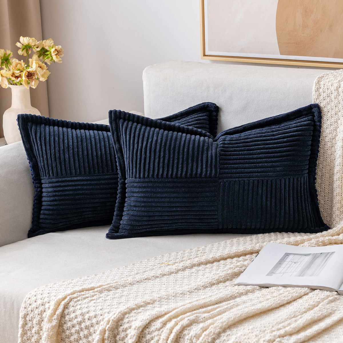 MIULEE Decorative Throw Pillow Covers for Couch 18x18 Inch Beige 2 Pack | Boho Broadside Striped Patchwork Pillow Covers, Soft Corduroy Cushion Cases, For Sofa Bed Livingroom Home Decor