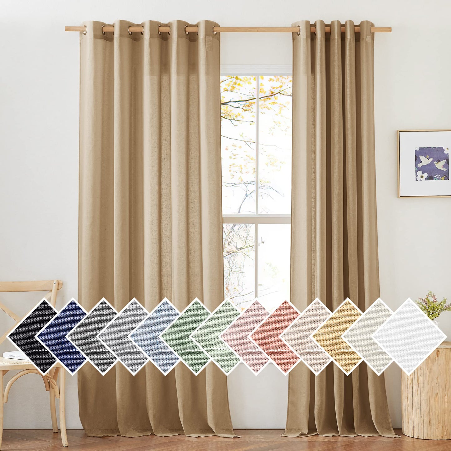 NICETOWN White Sheer Linen Curtains for Living Room 84 inch Length 2 Panels Set, Grommet Semi Sheer Privacy with Light Filtering Flax Window Treatments for Bedroom, W52 x L84