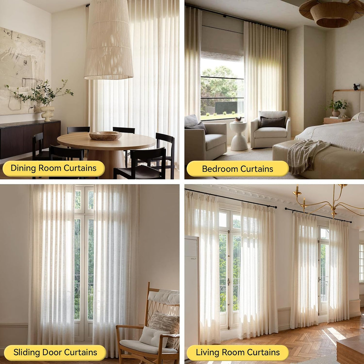 Liz Sheer Pinch Pleated Linen Curtains 102 Inches Long - Light Filtering Pleat Curtains for Living Room, Window Curtains for Bedroom, Luxury Pinch Pleated Drapes with Hooks, Natural, 2 Panels Set