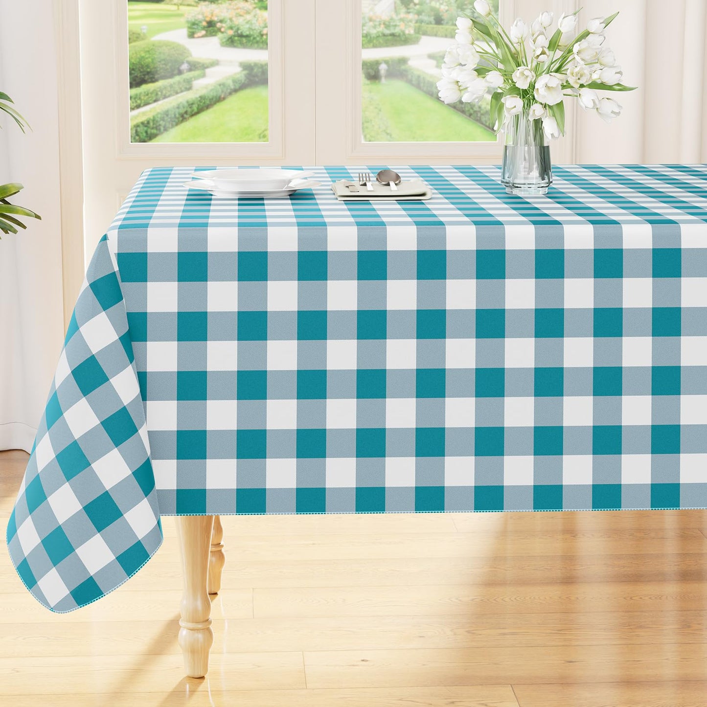 Smiry Picnic Table Cloth, Vinyl Tablecloths with Flannel Backing, 60"x84" | Waterproof Rectangle Table Cloth, Wipeable Buffalo Plaid Table Cover for Indoor and Outdoor (Khaki & White)