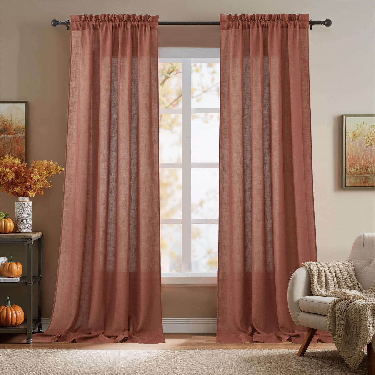 RYB HOME White Semi Sheer Curtains 84 inches Long for Living Room | Half Privacy, Linen Textured, Sheer Light Filtering, Vertical Window Drapes, for Bedroom Dining, White, W52 x L84, 2 Panels