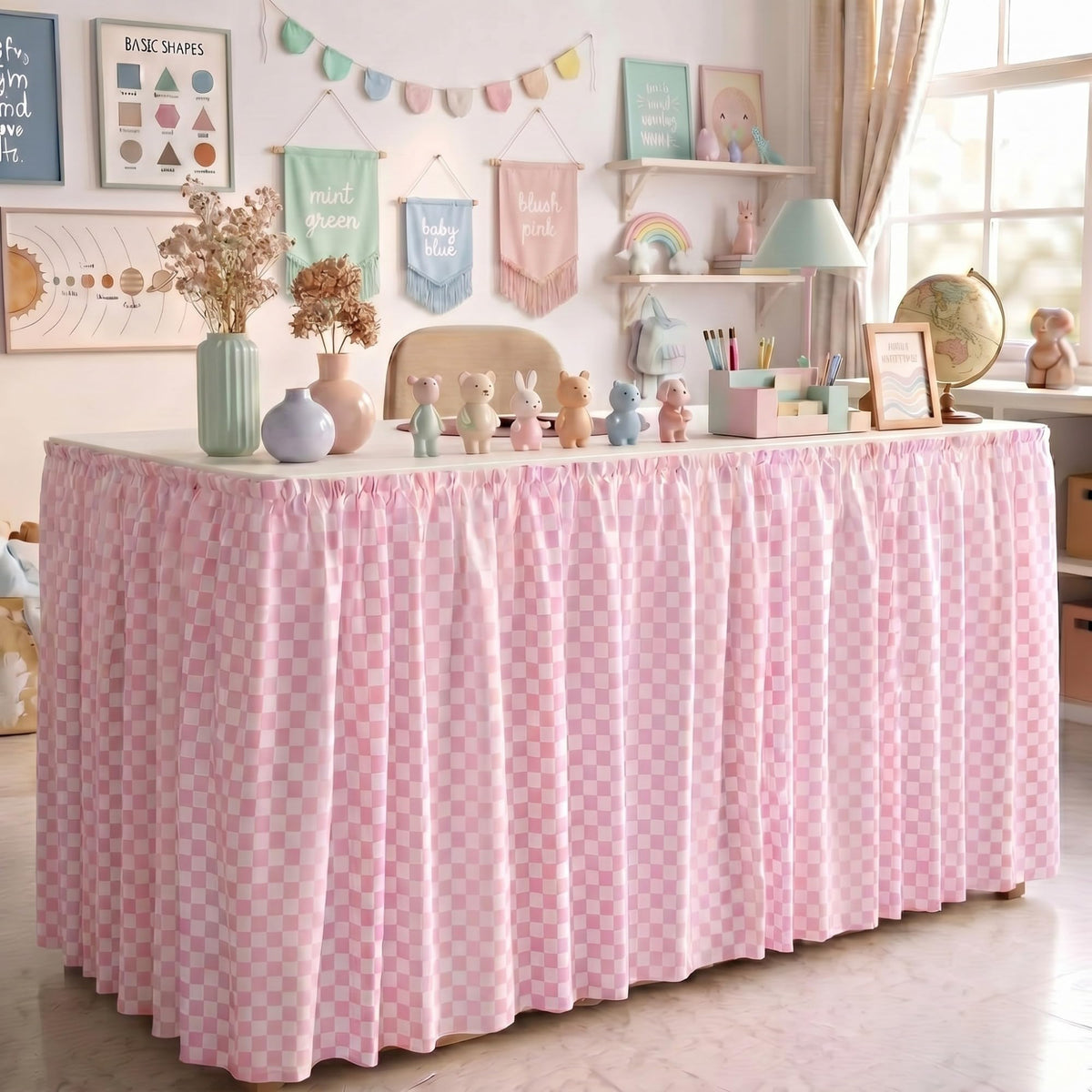 Teacher Desk Skirt 6 ft Pastel Checkered Classroom Decor | Ruffled Table Cover for Teacher Desk, Fits Kindergarten Office Decor, Back to School Classroom Supplies