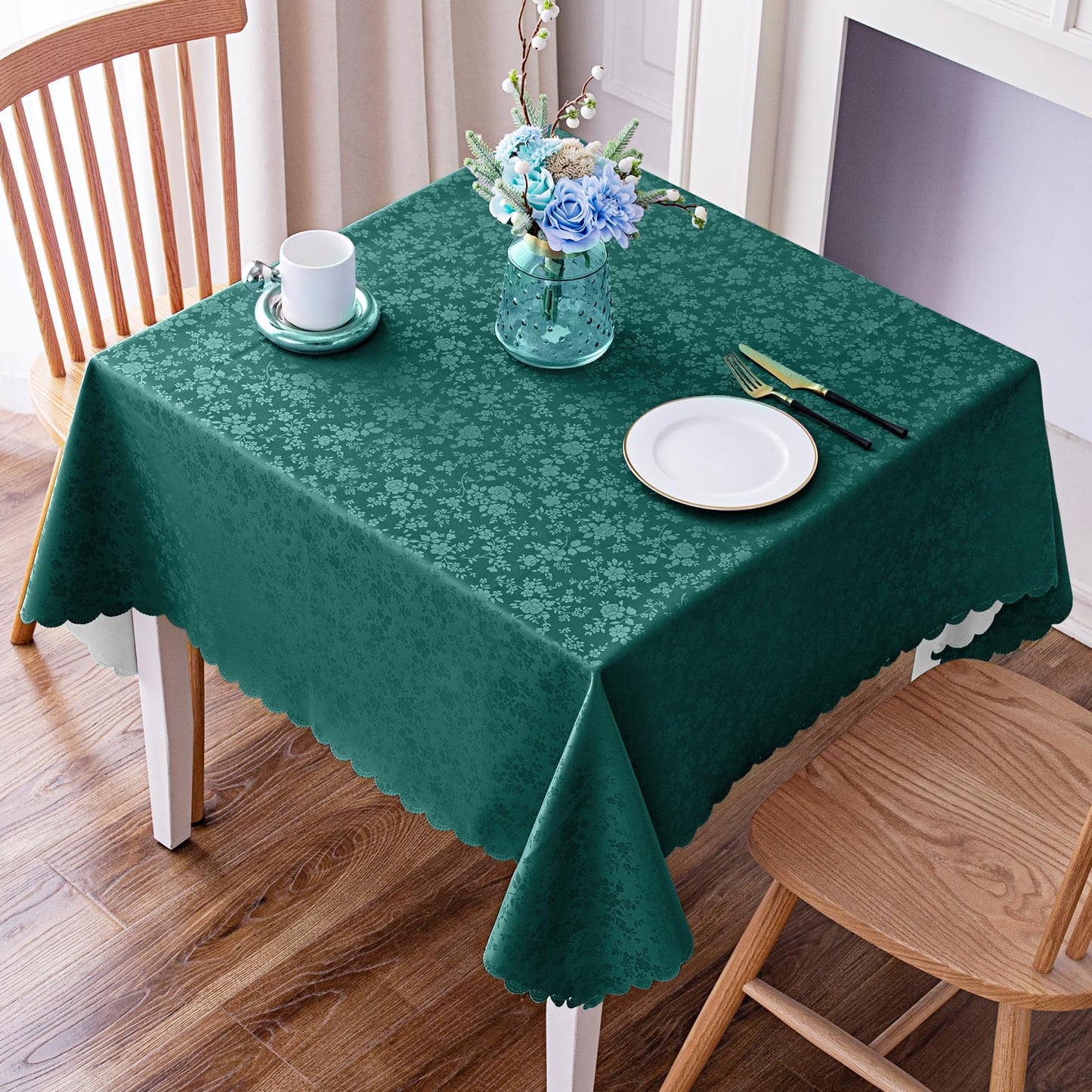 Smiry Rectangle Waterproof Heavy Duty Vinyl Tablecloths, 60 x 84 Inch | Wipeable Washable Floral Embossed Table Cover for Kitchen and Dining Room, Indoor & Outdoor Use, Beige