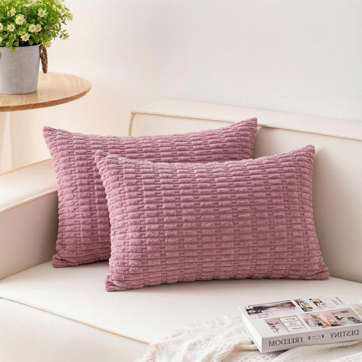 Pack of 2 Corduroy Decorative Throw Pillow Covers 18x18 Inch, Cream White | Fall Soft Striped Pillow Covers Modern Farmhouse Home Decor Christmas Throw Pillow Covers for Sofa Living Room Couch Bed ﻿