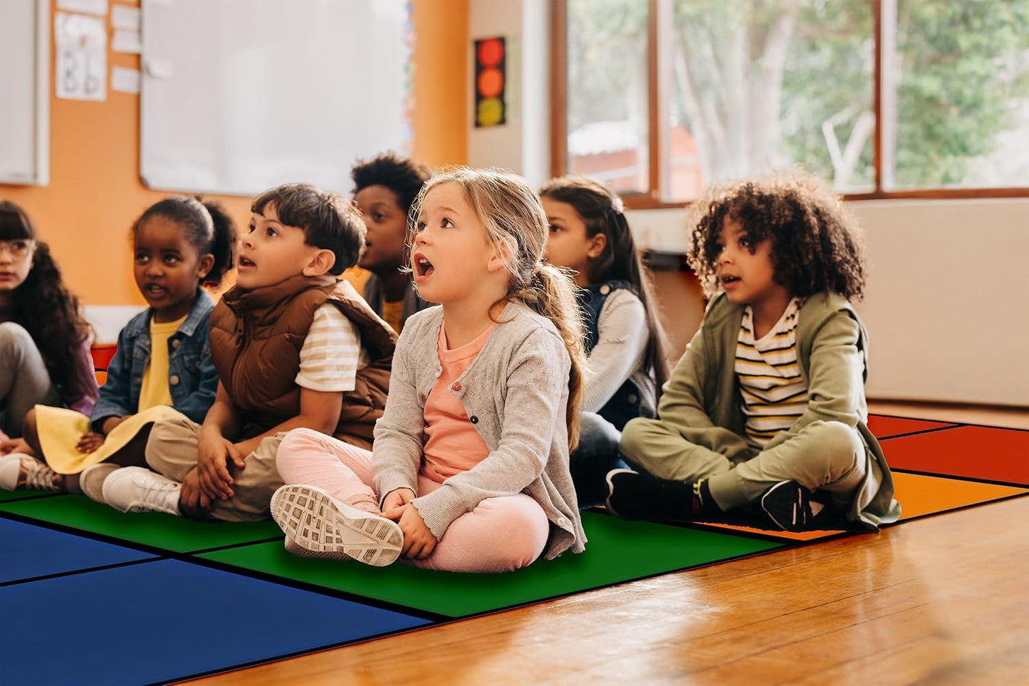 Large Classroom Rug 8x12 for Elementary, Classroom Rugs Carpets | Rainbow. Soft & comfortable Fabric. Flame Retardant Certified. Non-Slip Backing. Wrinkle-Free. Rolled Packaging. 24 Seats.