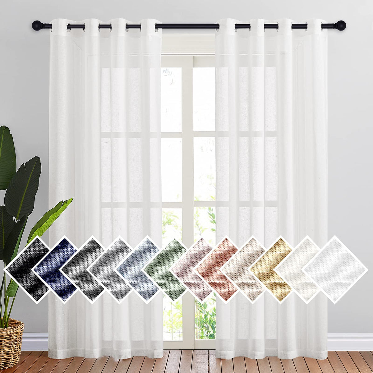 NICETOWN White Sheer Linen Curtains for Living Room 84 inch Length 2 Panels Set, Grommet Semi Sheer Privacy with Light Filtering Flax Window Treatments for Bedroom, W52 x L84