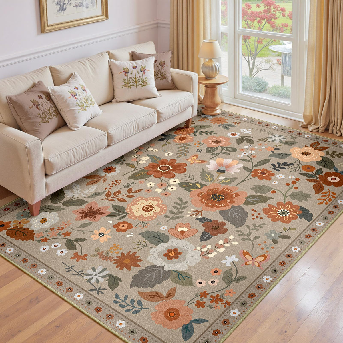 RELEANY Floral Washable 5x7 Area Rugs Black | Flower Carpet, Print, Boho, Non-Slip, Easy to Clean, Soft, Low Pile for Living Room Bedroom Kitchen Office Entryway Hallway