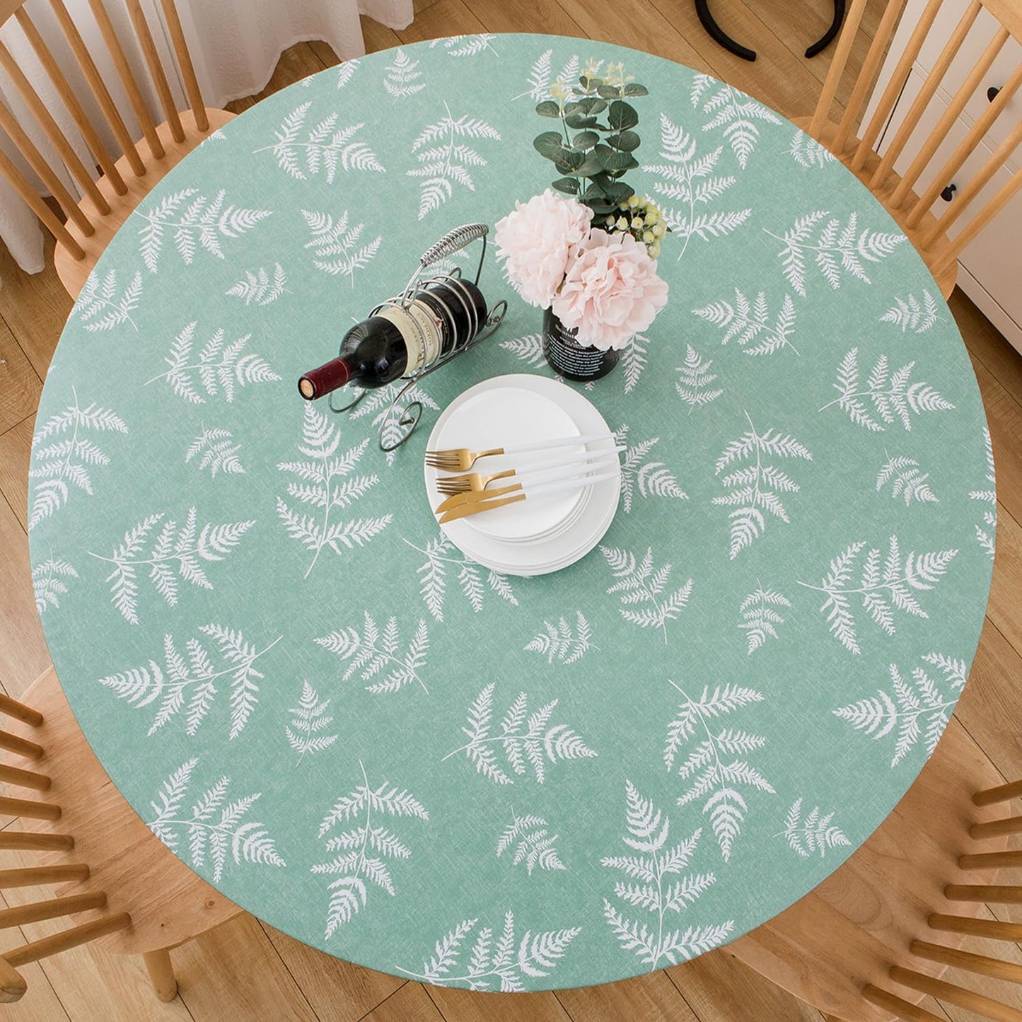 Pioggia Round Vinyl Fitted Tablecloth with Flannel Backing Elastic Table Cloth Waterproof Oil-Proof Plastic Table Cover Best for 45"-56" Round