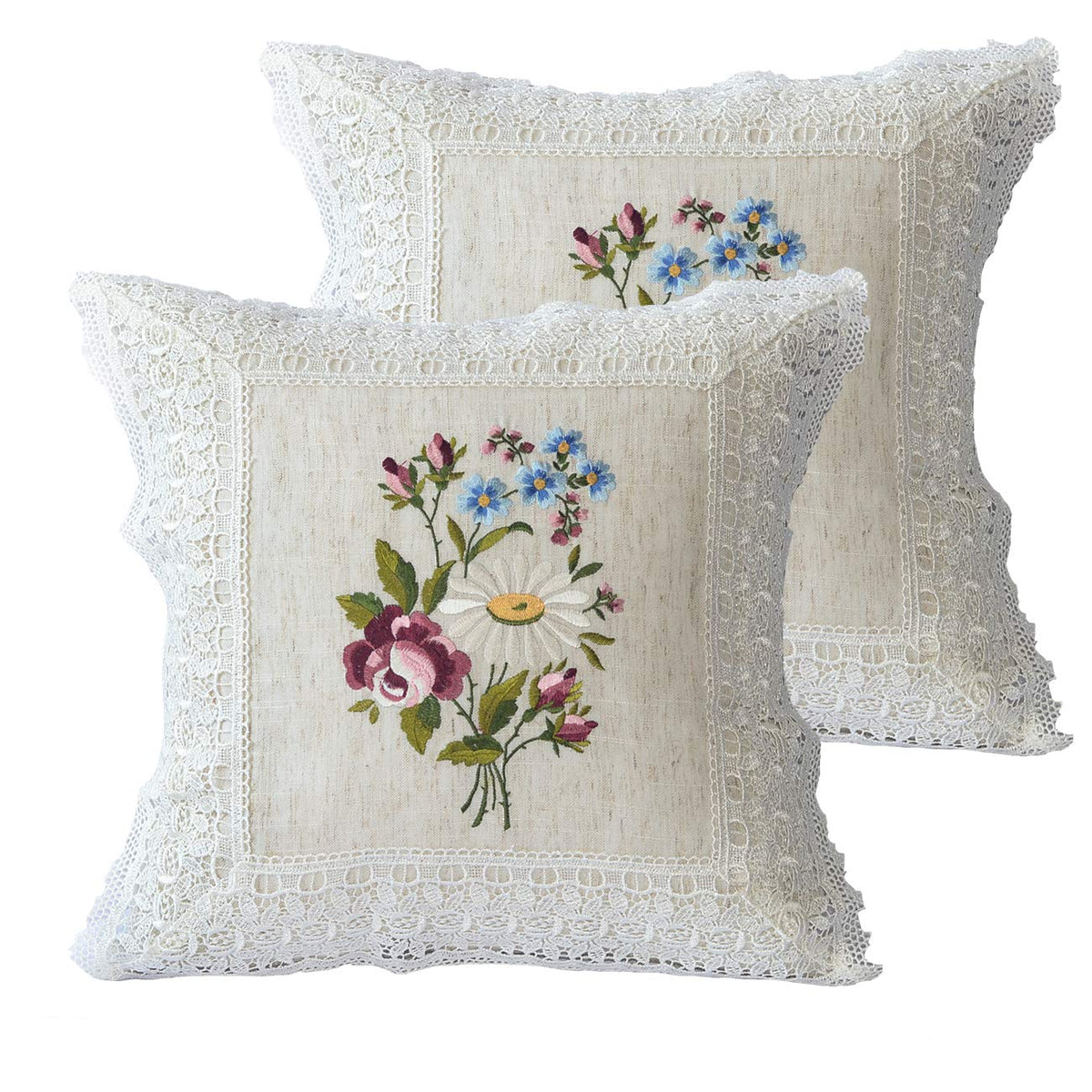 2 Pack Embroidered Spring Floral Throw Pillow Cover 18x18 inches, Farmhouse Off White Rose Lace Linen Blended Pillow Shams, Decorative (White Rose, Linen Blended)