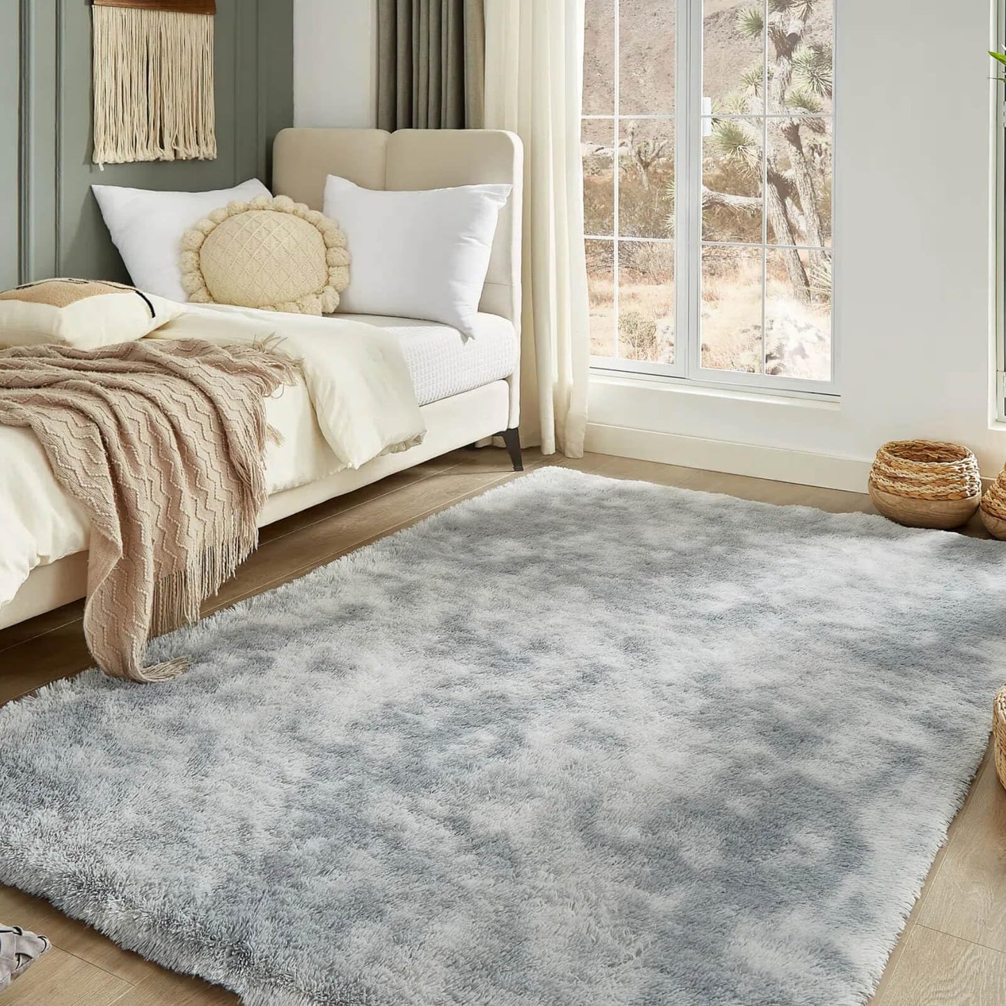 Floralux Rugs for Living Room, 6x9 Large Shag Area Rug, Tie-Dyed Light Grey Soft Fluffy Carpets for Bedroom