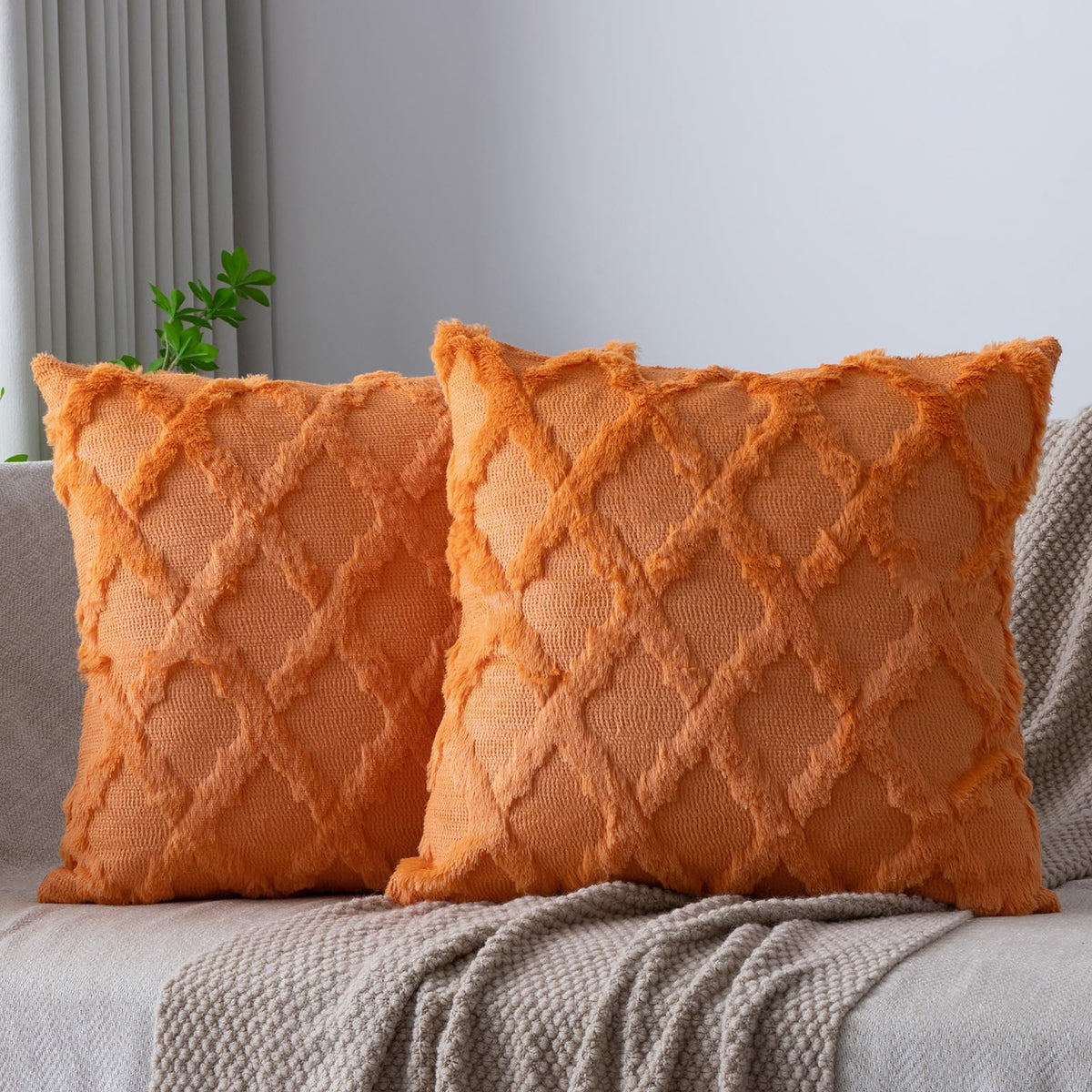 Set of 2 Soft Moroccan Throw Pillow Covers 18x18 Inch Plush Boho Decorative Pillow Cover Accent Cushion Case for Couch Sofa Bed, Beige