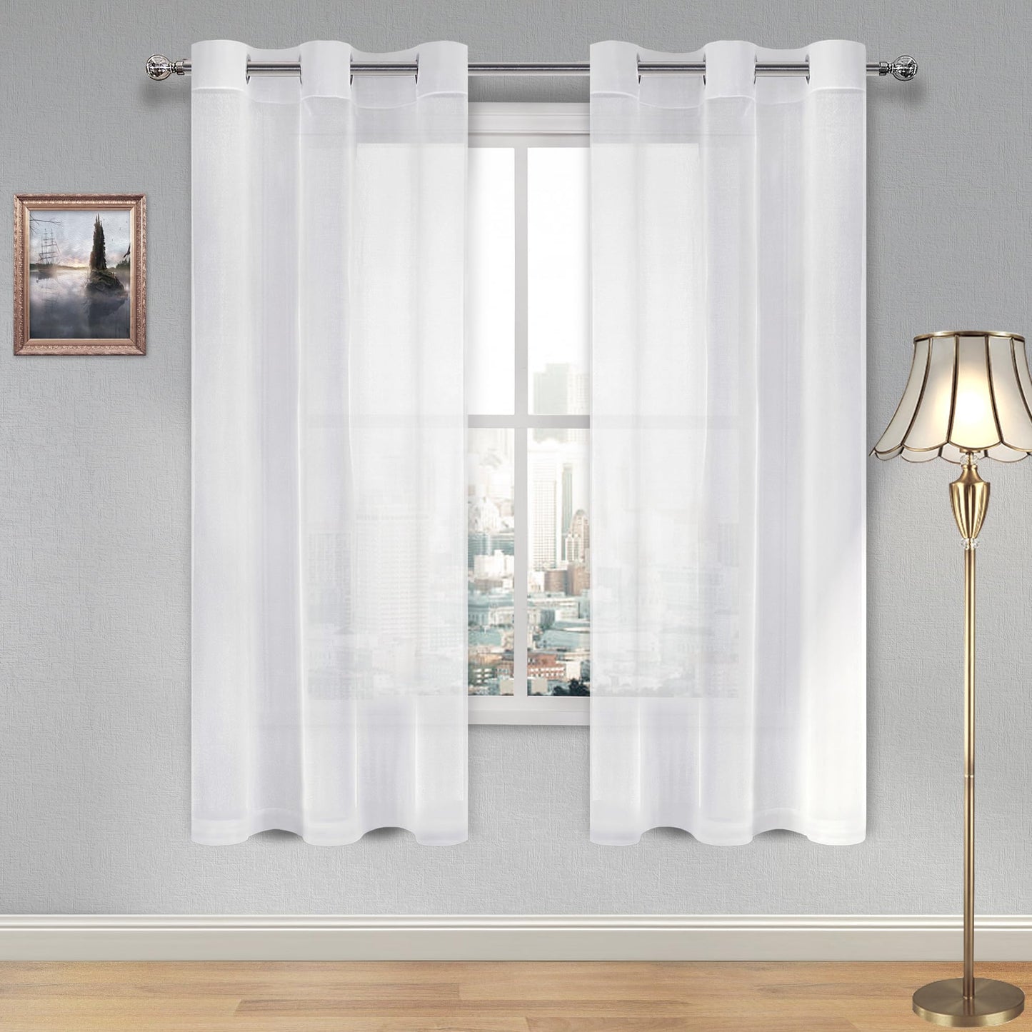 DWCN White Sheer Curtains Linen Look Semi Transparent Voile Grommet White Curtains for Living Dining Room Drapes 52 x 84 Inch Long, Set of 2 Panels