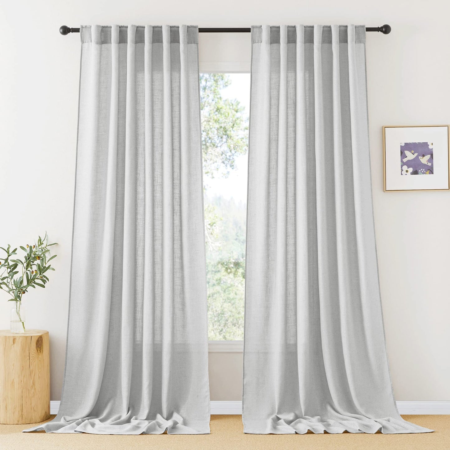 RYB HOME White Sheer Curtains for Living Room Patio Glass Door, W52 x L95 | Linen Texture, Light Filtering Privacy, Airy Translucent, Back Tab, Bedroom Office Balcony, W52 x L95, 2 Panels