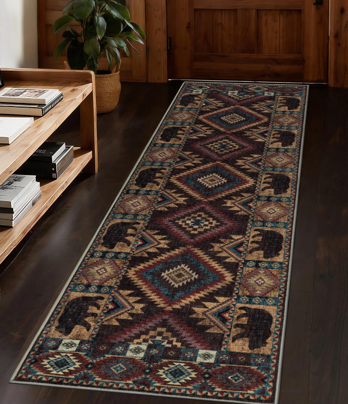 Rustic Cabin Area Rug 5x7,Machine Washable Lodge Bear Rug,Non-Slip Low Pile Print Pattern Southwestern Rug for Living Room Bedroom