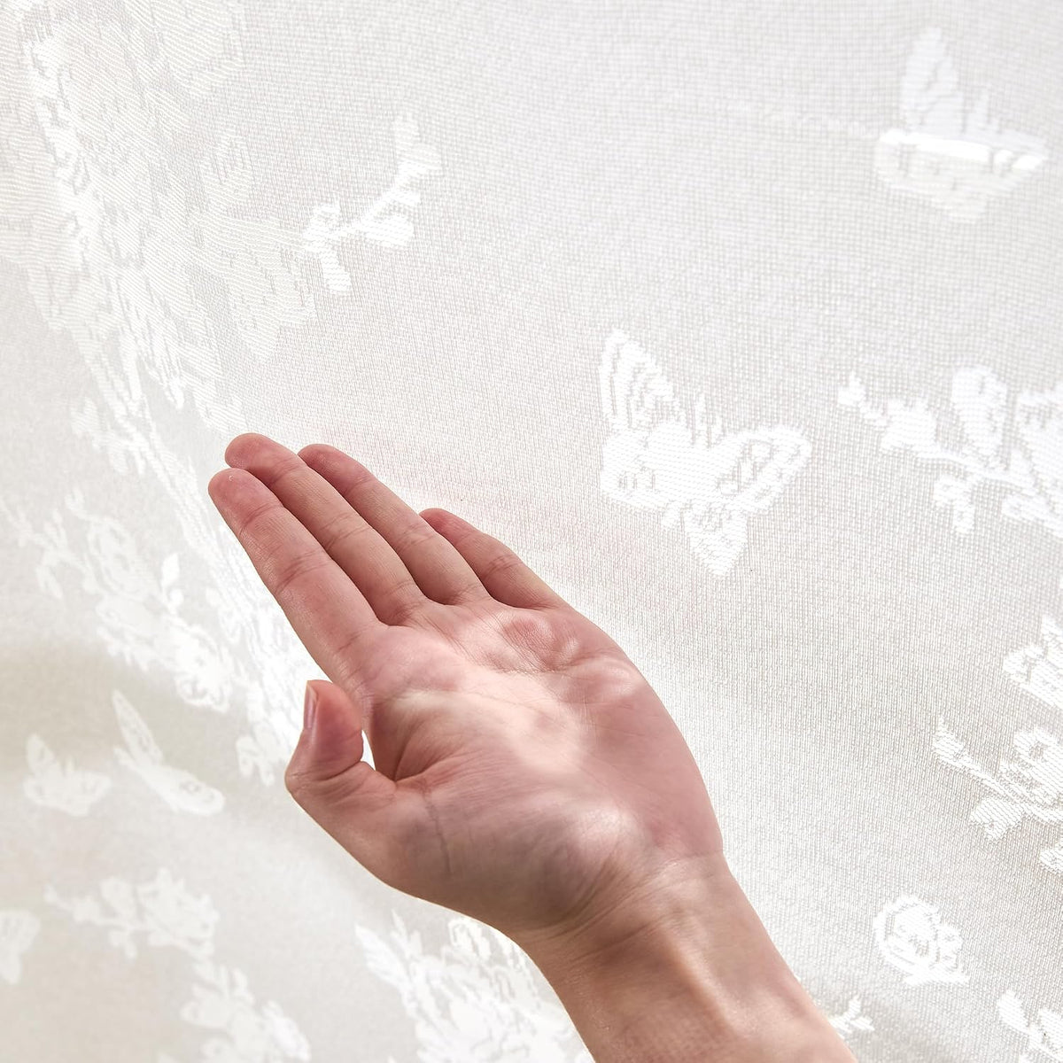 PONY DANCE Floral Butterfly Lace Sheer Curtains 84 Inch Length for Bedroom, Elegant Semi Gauze Drapes with Sheer Overlay for Living Room/Girls Room/Kids Room/Nursery, 2 Panels, 55″ Wide, Light Beige