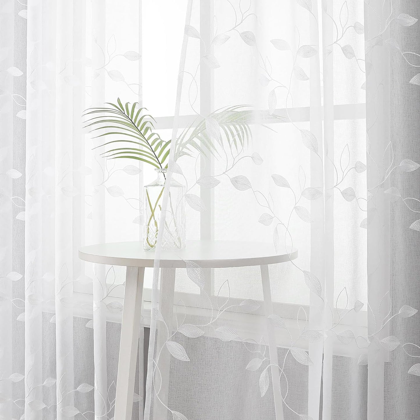 Tollpiz White Leaf Sheer Curtains Bedroom 54 x 84 Inches | Leaves Embroidered Curtain Rod Pocket Voile Window Treatment for Living Room, Set of 2 Panels