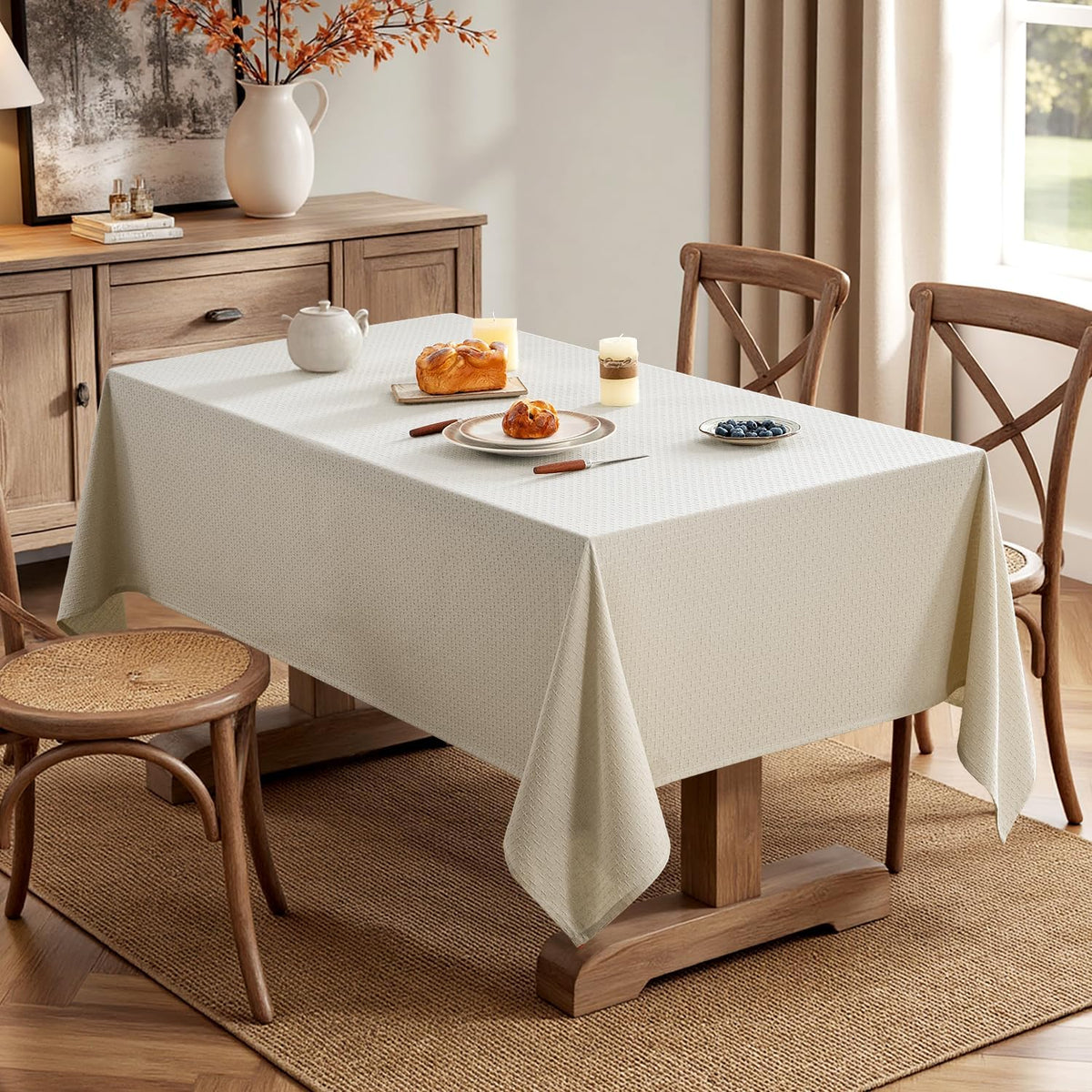 MIULEE Natural Beige Linen Cotton Table Cloth Rectangle Tablecloth Spring Waterproof Spillproof Cross-Star Textured Table Cloth Decorative Farmhouse Style for Dining Party Weddings 52x70 Inch