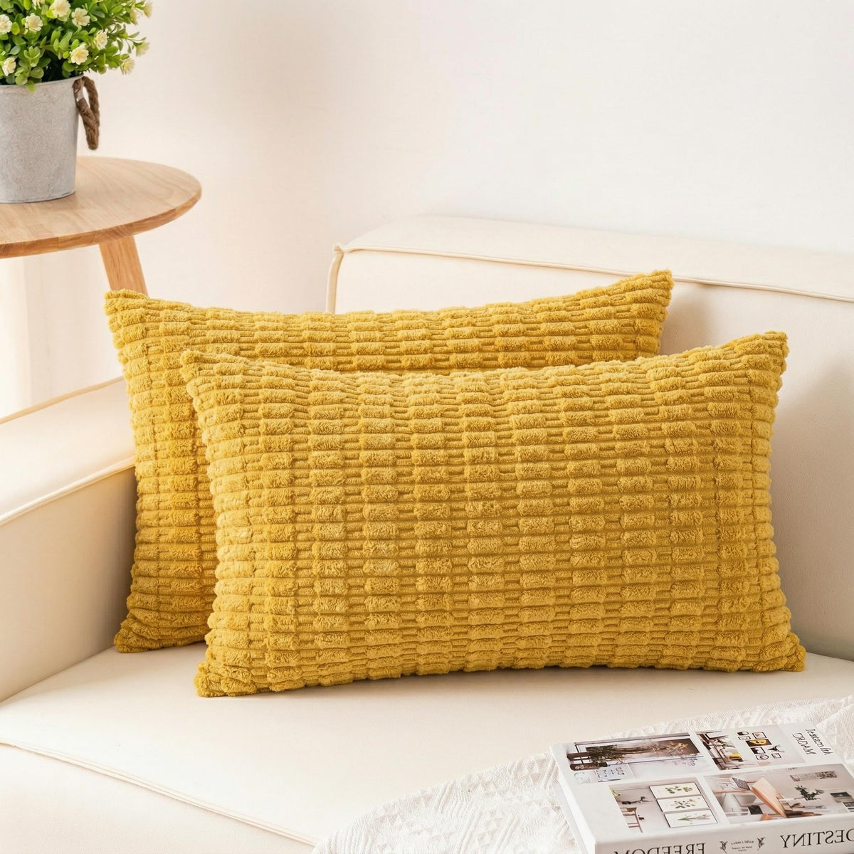 Pack of 2 Corduroy Decorative Throw Pillow Covers 18x18 Inch, Cream White | Fall Soft Striped Pillow Covers Modern Farmhouse Home Decor Christmas Throw Pillow Covers for Sofa Living Room Couch Bed ﻿