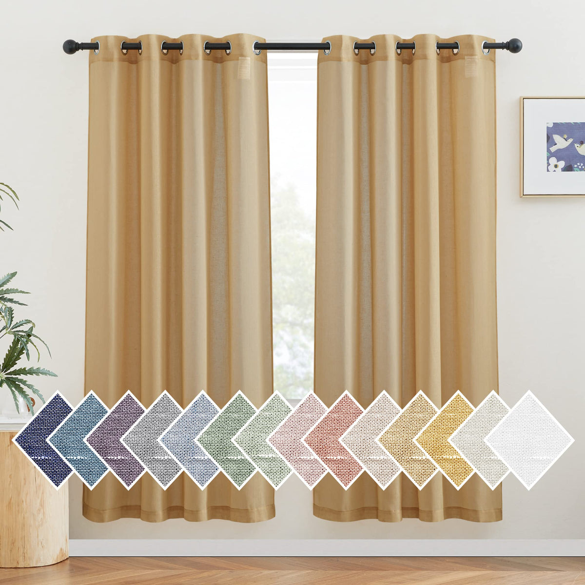 NICETOWN White Sheer Linen Curtains for Living Room 84 inch Length 2 Panels Set, Grommet Semi Sheer Privacy with Light Filtering Flax Window Treatments for Bedroom, W52 x L84