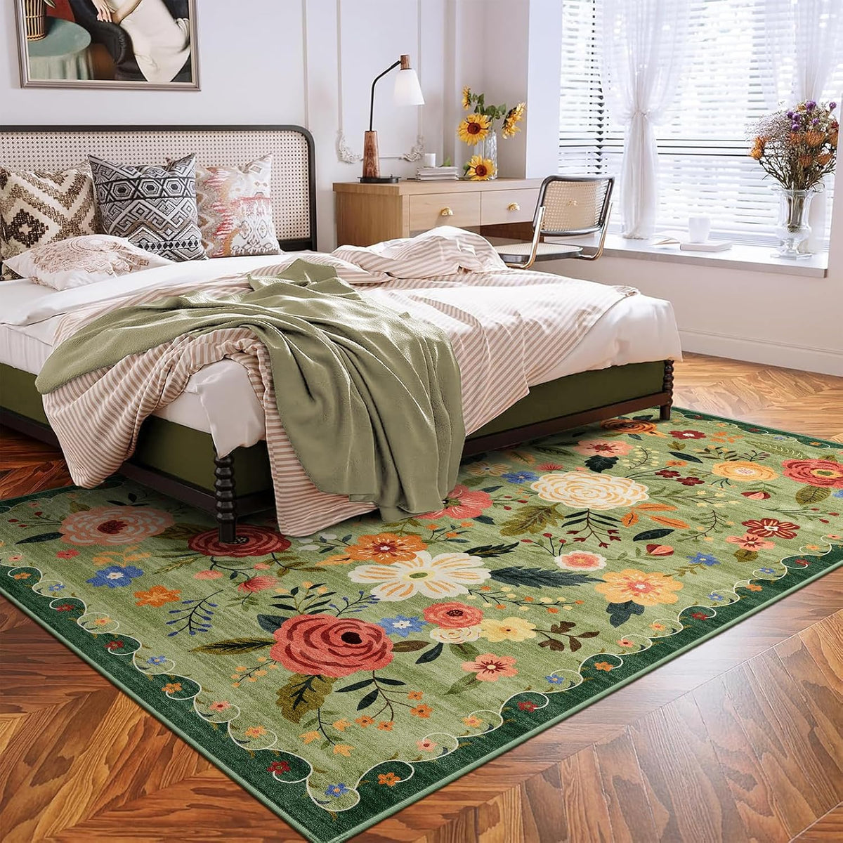 5x7 Washable Area Rug Green Boho Floral for Living Room Bedroom Nursery | Carpet for Dining Room, Soft Low-Pile Non-Slip Faux Wool, Farmhouse Indoor, Kid & Pet Friendly, Stain, Fade & Wear Resistant
