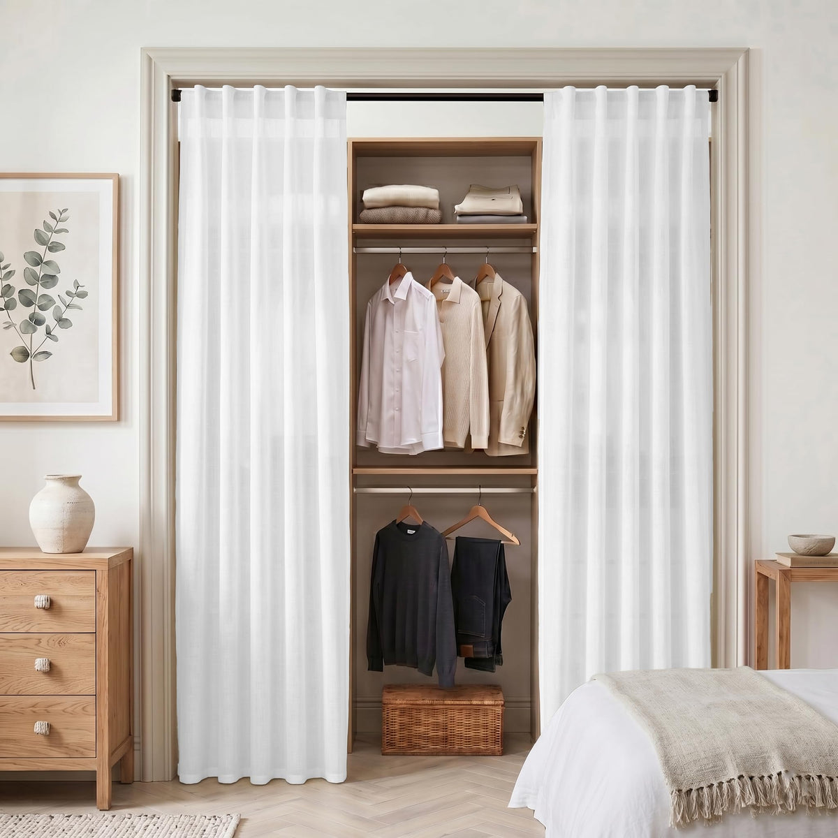 Linen Cotton Curtains for Living Room, Cream Off White Natural Fabric Light Filtering Semi Sheer Curtains 84 Inches Long, Ivory Pleated Farmhouse Curtain Drapes 84 Inch Length 2 Panels Set Dining Room