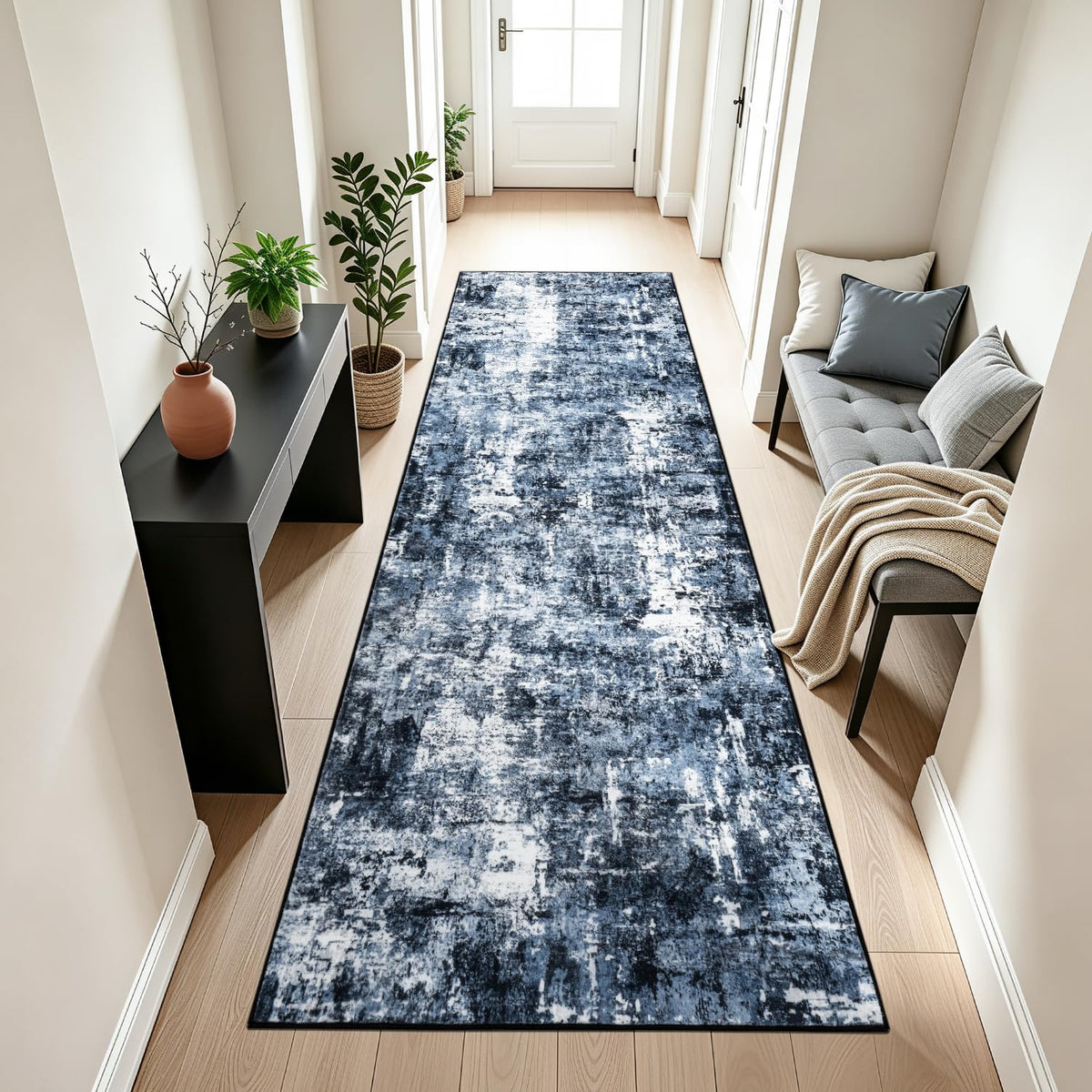 Rugflix 8x10 Area Rugs for Living Room, Washable Large Rug Stain-Resistant Low Pile, Modern Dark Carpet for Dining Room Home Office Kid Room Nursery Bedroom, Navy Blue/Black