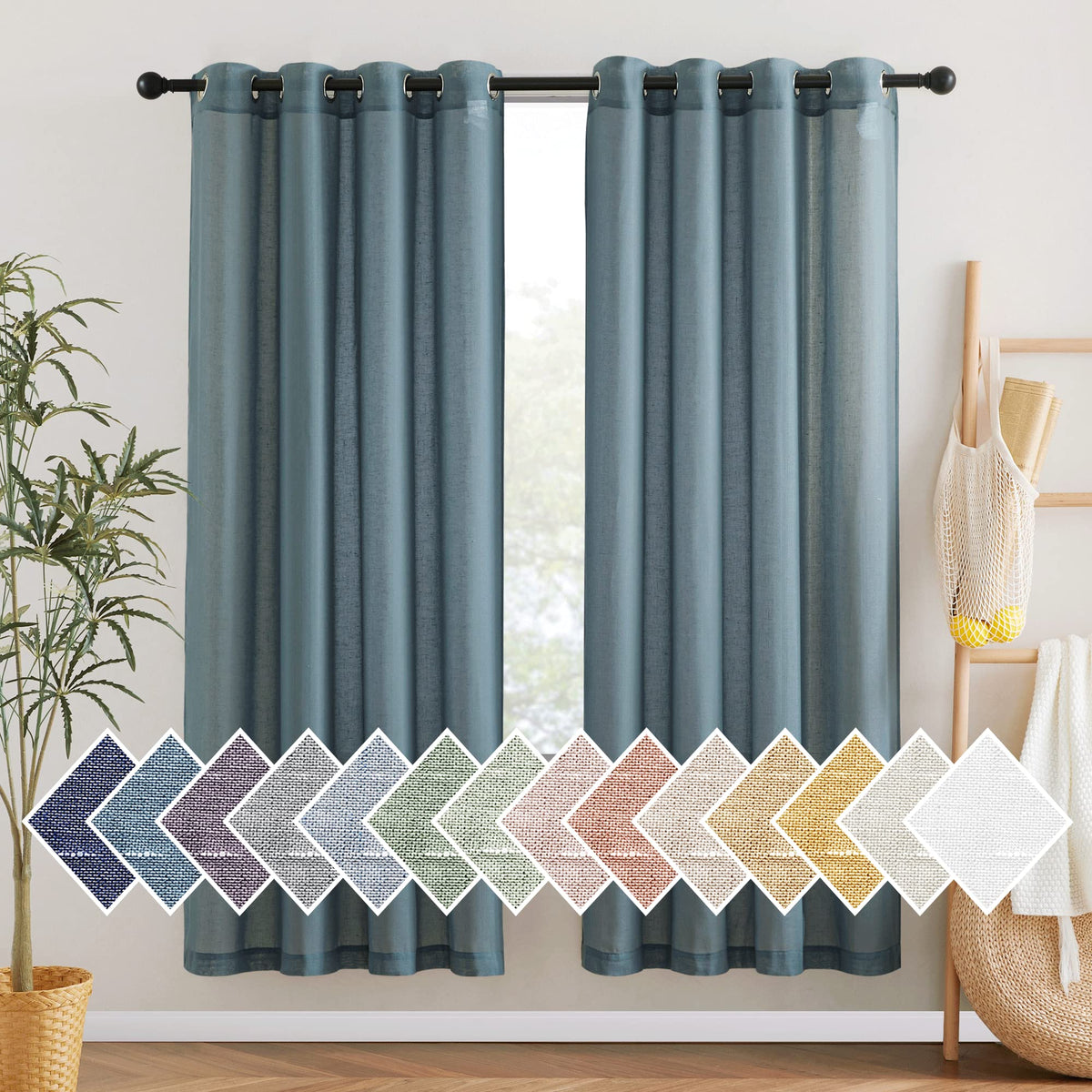 NICETOWN White Sheer Linen Curtains for Living Room 84 inch Length 2 Panels Set, Grommet Semi Sheer Privacy with Light Filtering Flax Window Treatments for Bedroom, W52 x L84