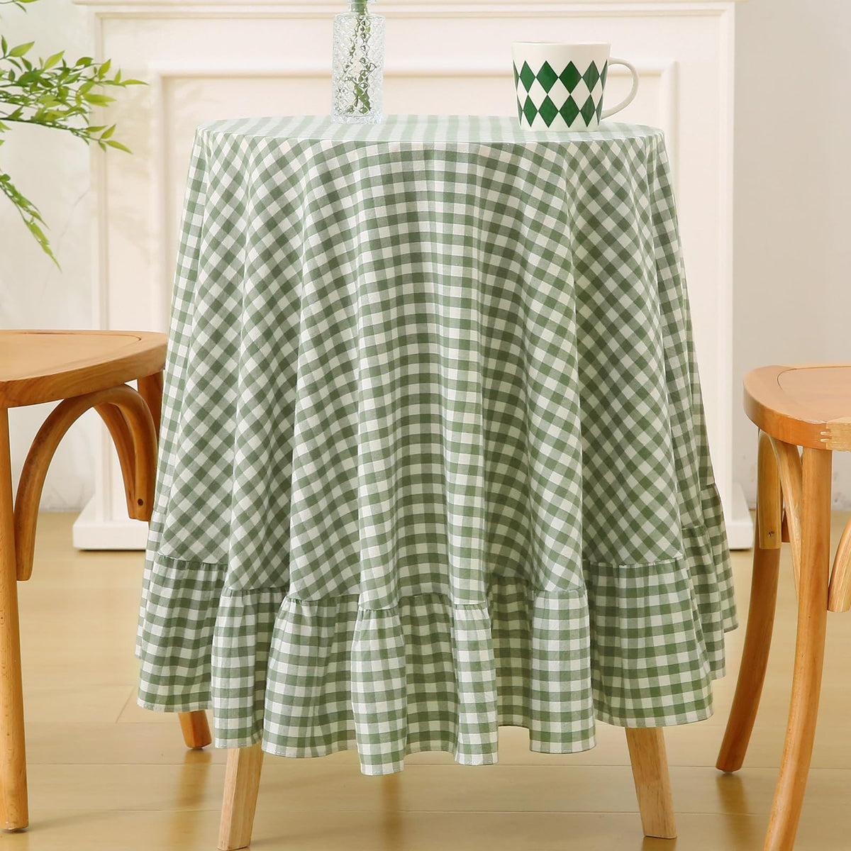 Blush White Gingham Ruffled Table Cloth Rectangular 120“x60” | 100% Washed Cotton, for Seat 8-10, Buffet Picnic Baby Shower Party Tablecloth, Decorative Checker Plaid Farmhouse Table Cover