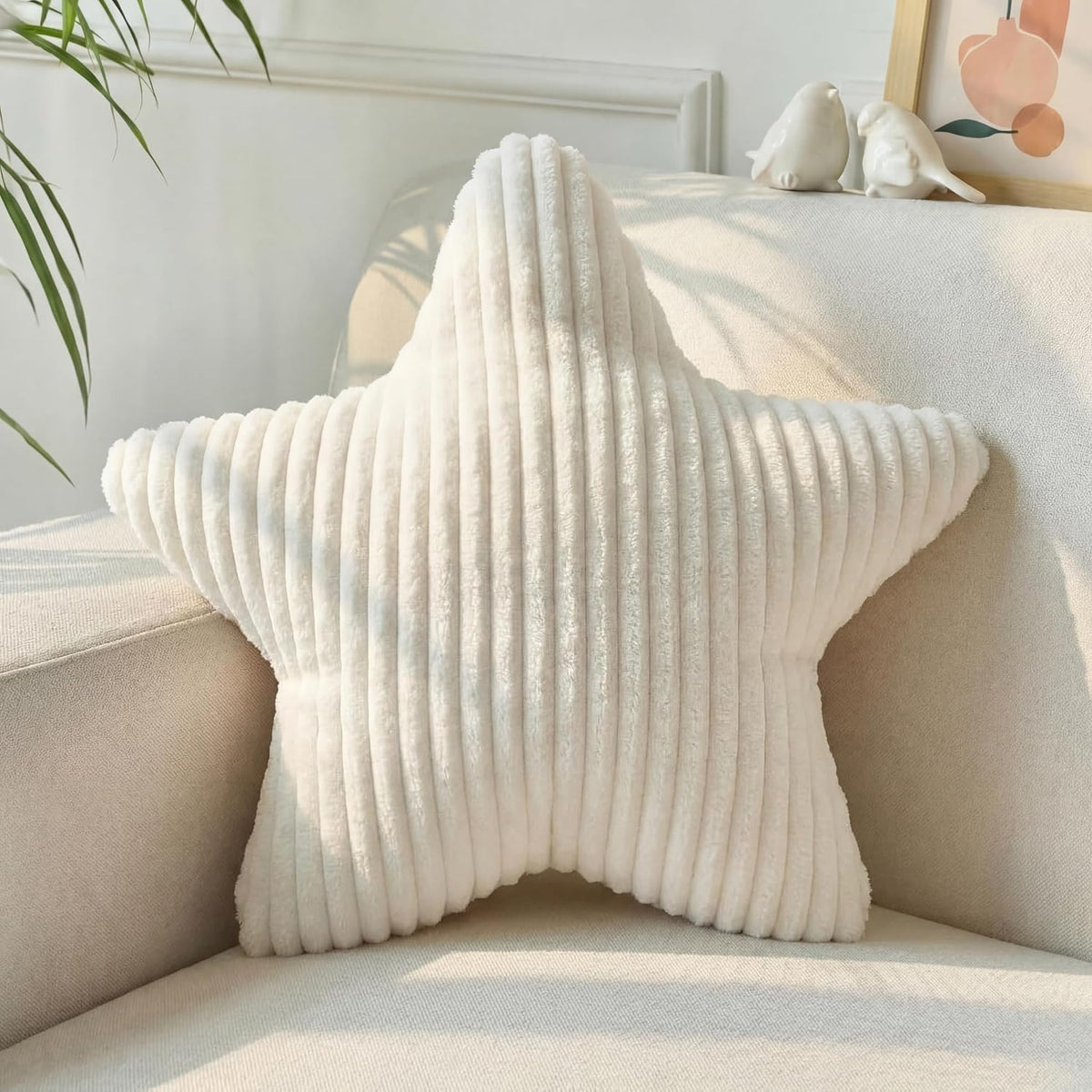 Qunclay 15" White Star Pillow Star Shaped Throw Pillows Decorative Soft Striped Faux Fur Plush for Couch Sofa Bed Modern Farmhouse Creamy Boho Aesthetic Home Bedroom Living Room Decor Boy Girl Gift