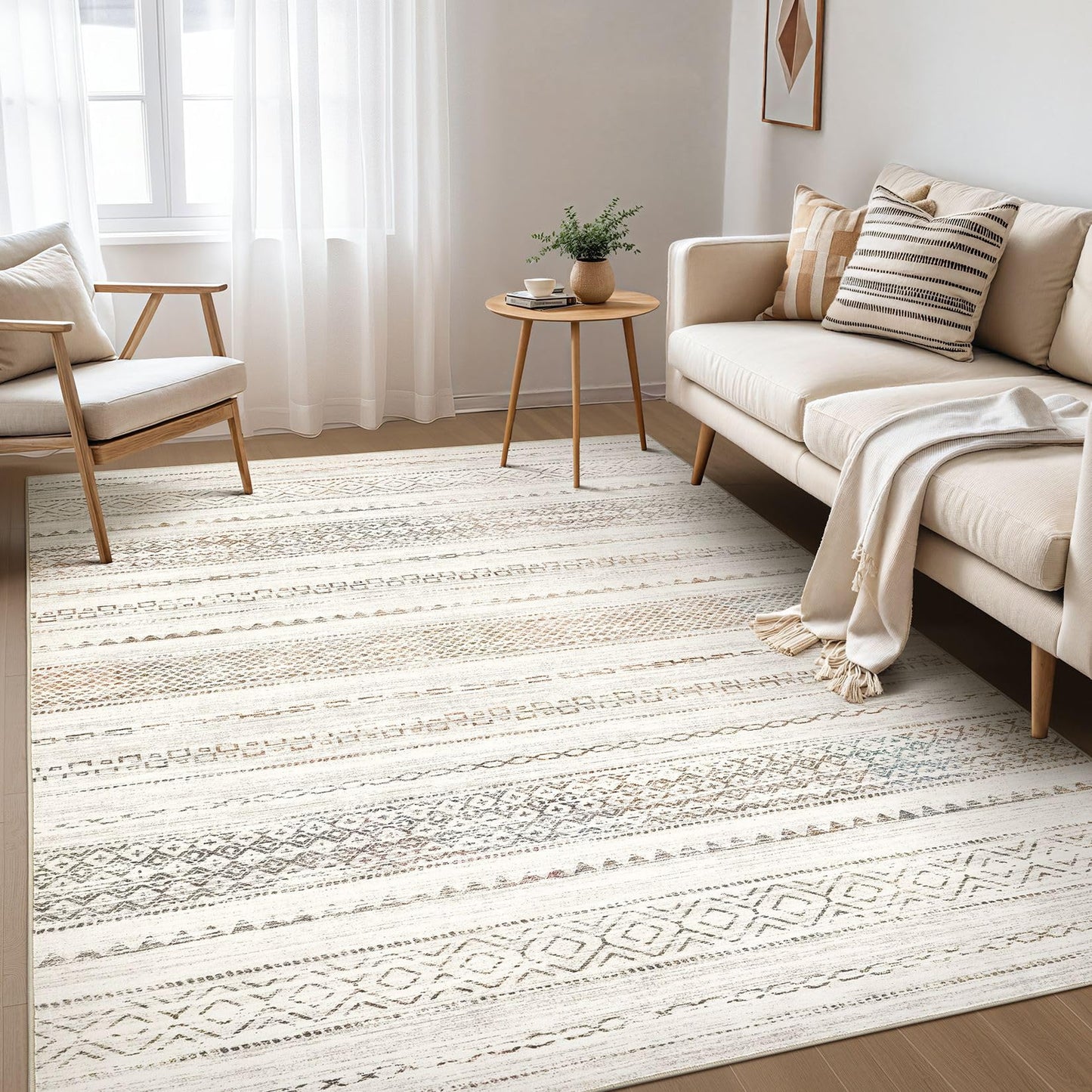 Nakagishi Boho 5x7 Area Rug Living Room Rugs Machine Washable Beige/Brown | Soft, Pet & Kid Friendly, Carpet for Living Room/Bedroom/Office/Kitchen/Nursery, Daily Home Decor Stain Resistant Moroccan