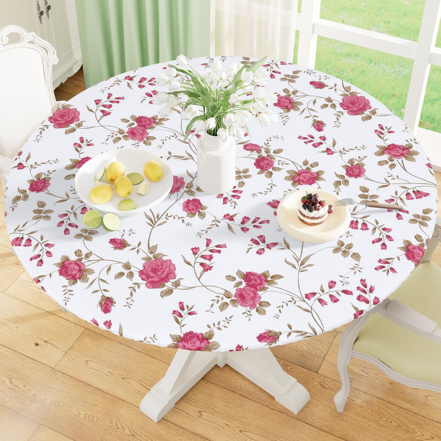 Round Fitted Tablecloth with Elastic Edge, 100% Waterproof Oil Proof Plastic Table Cover, Vinyl Flannel Backed Tablecloth Fits 36"-44" Round Tables for Dinner, Outdoor, Picnic, Oak Wooden Grain