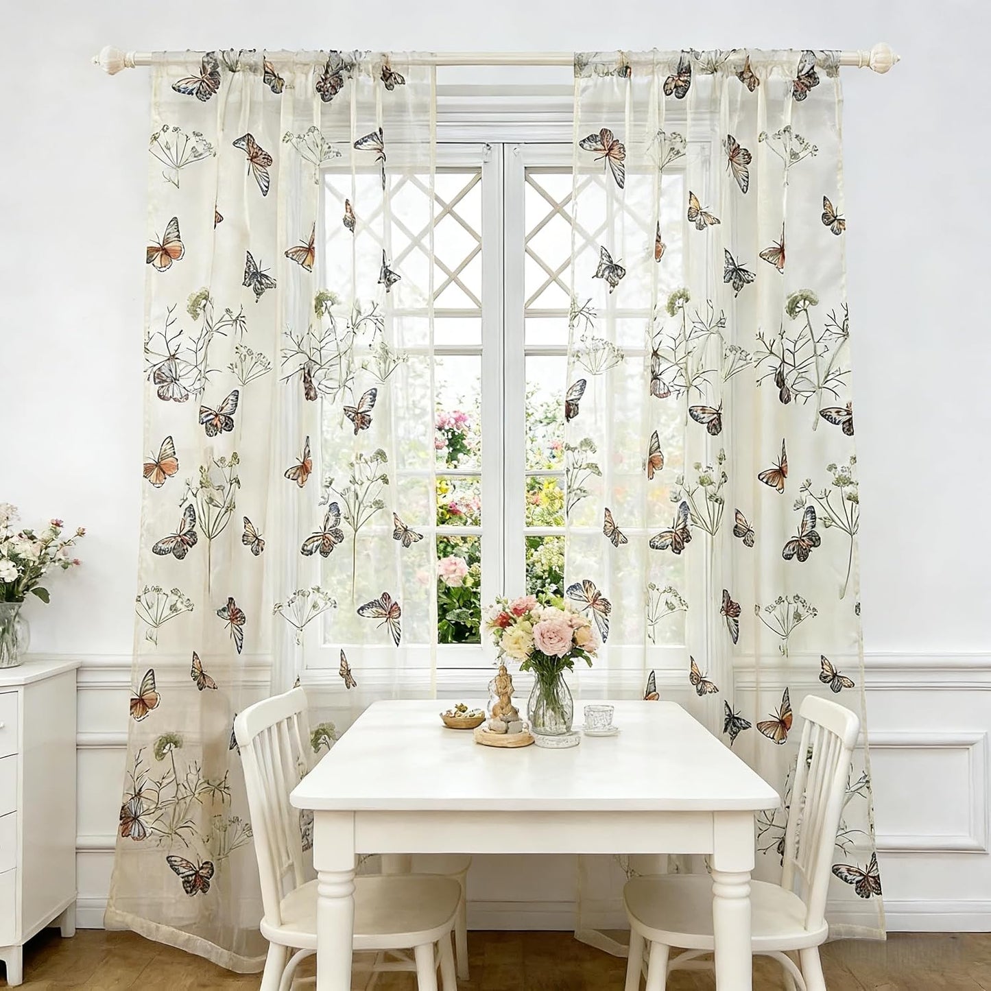 AiFish Embroidered Butterfly Window Semi Sheer Curtains for Kids Room Country Style Dandelion Pattern Room Divider Rod Pocket Tulle Gauze Voile Panel Drapes for Living Room 1 Panel W39 x L84 inch