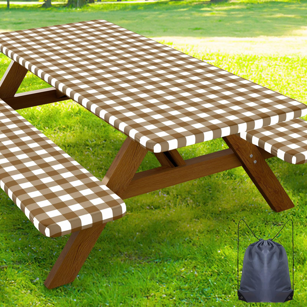 Smiry 6FT Picnic Table Cover with Bench Covers, Elastic Fitted Tablecloth | Waterproof Washable Rectangle Tablecloths ,Buffalo Plaid Tablecloth for Dining, Camping, Outdoor (Black & White, 30" x 72")