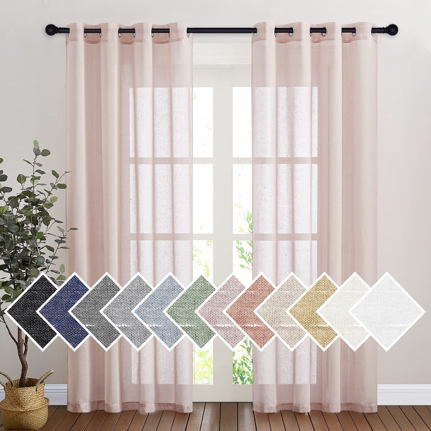 NICETOWN White Sheer Linen Curtains for Living Room 84 inch Length 2 Panels Set, Grommet Semi Sheer Privacy with Light Filtering Flax Window Treatments for Bedroom, W52 x L84