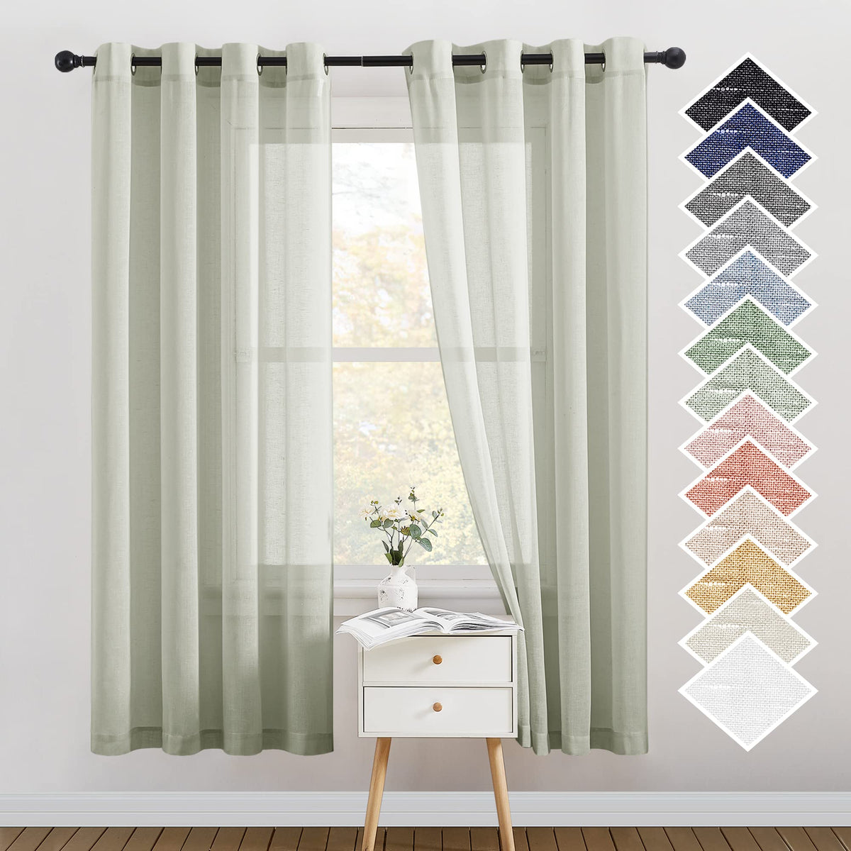 NICETOWN White Sheer Linen Curtains for Living Room 84 inch Length 2 Panels Set, Grommet Semi Sheer Privacy with Light Filtering Flax Window Treatments for Bedroom, W52 x L84