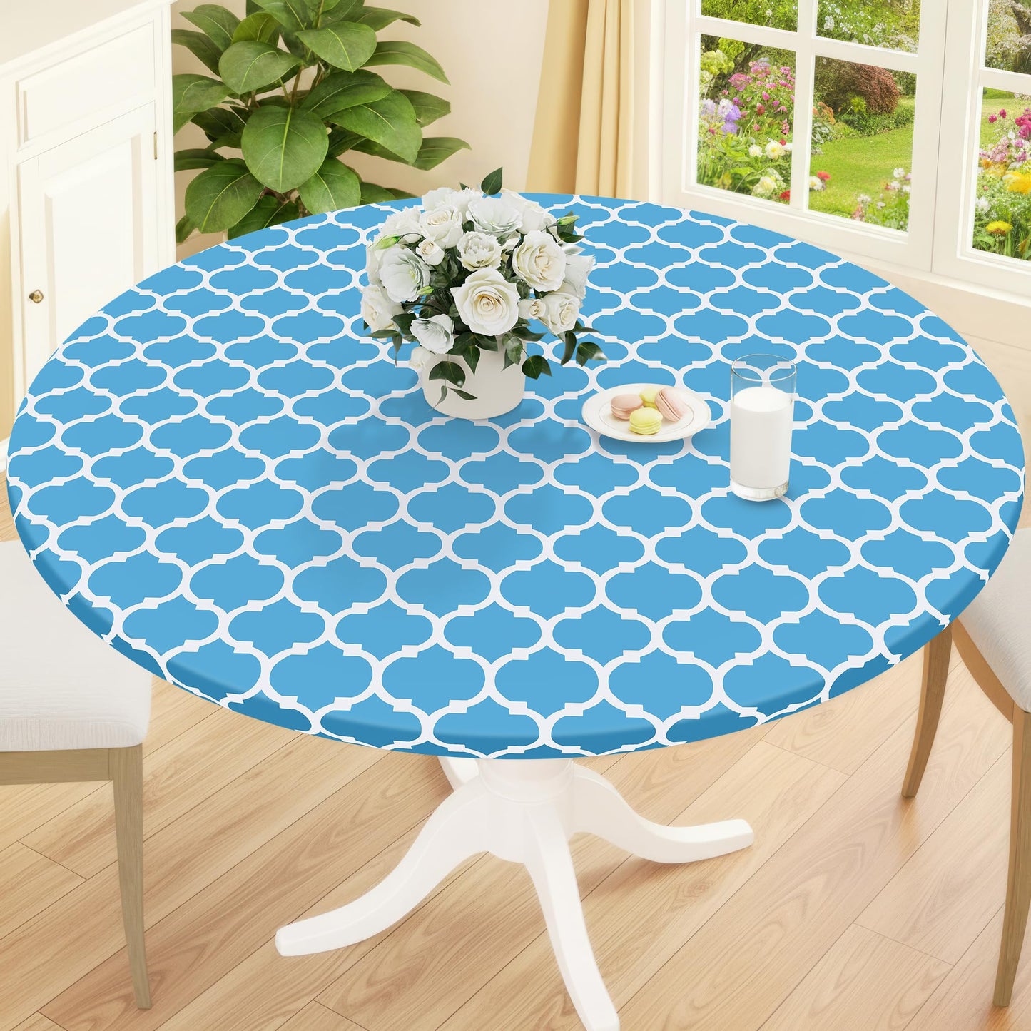 Smiry Round Picnic Tablecloth, Waterproof Elastic Fitted Table Covers for 45" - 56" Tables, Wipeable Flannel Backed Vinyl Tablecloths for Camping, Indoor, Outdoor, Grey & White