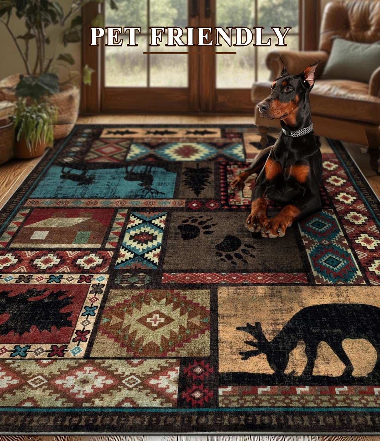 Rustic Cabin Area Rug 5x7,Machine Washable Lodge Bear Rug,Non-Slip Low Pile Print Pattern Southwestern Rug for Living Room Bedroom