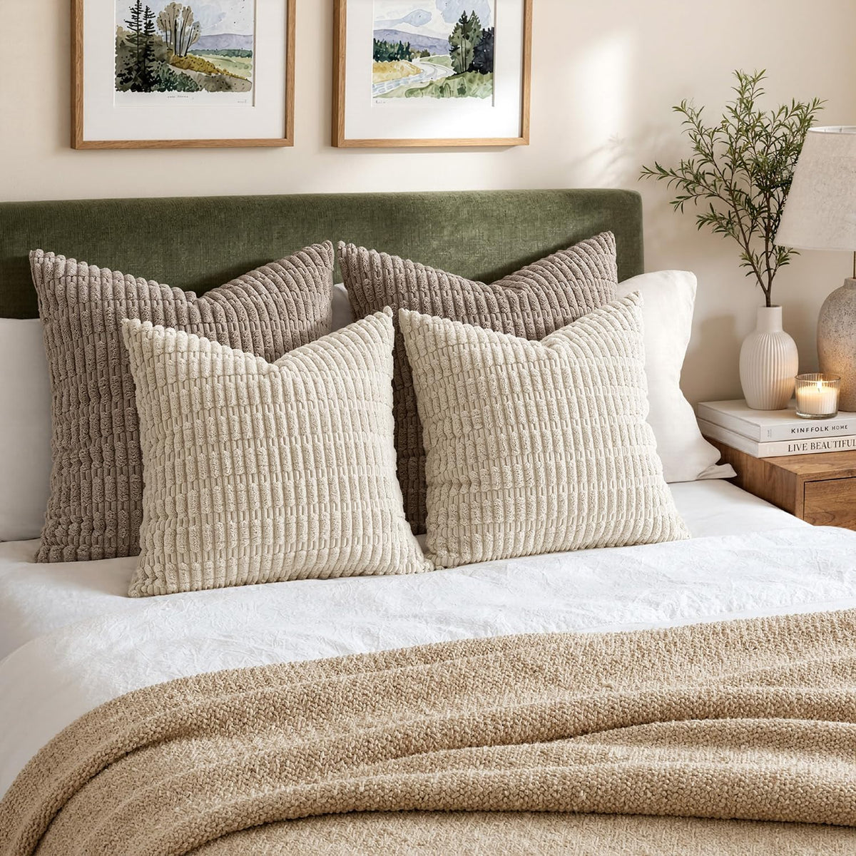 MIULEE Corduroy Decorative Throw Pillow Covers 18x18 Cream White Pack of 2 | Soft Boho Striped Pillow Covers Modern Farmhouse Home Decor For Sofa Living Room Couch Bed