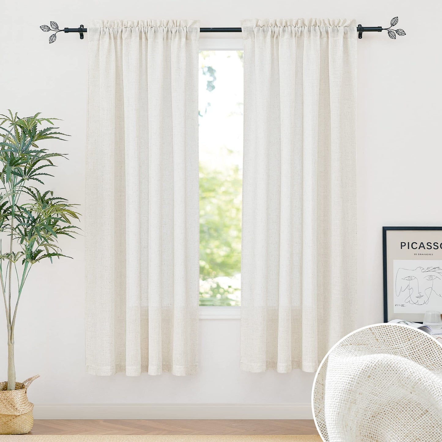 RYB HOME White Semi Sheer Curtains 84 inches Long for Living Room | Half Privacy, Linen Textured, Sheer Light Filtering, Vertical Window Drapes, for Bedroom Dining, White, W52 x L84, 2 Panels