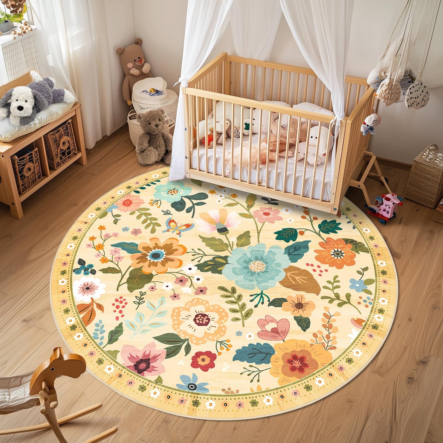 RELEANY Floral Washable 5x7 Area Rugs Beige/White/Orange | Flower Carpet, Print, Boho, Non-Slip, Easy to Clean, Soft, Low Pile for Living Room Bedroom Kitchen Office Entryway Hallway