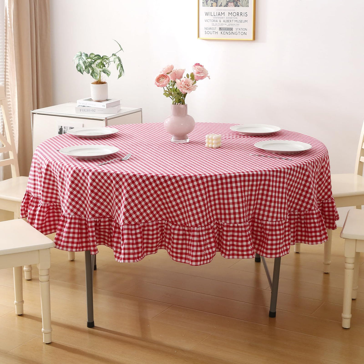 Blush White Gingham Ruffled Table Cloth Rectangular 120“x60” | 100% Washed Cotton, for Seat 8-10, Buffet Picnic Baby Shower Party Tablecloth, Decorative Checker Plaid Farmhouse Table Cover