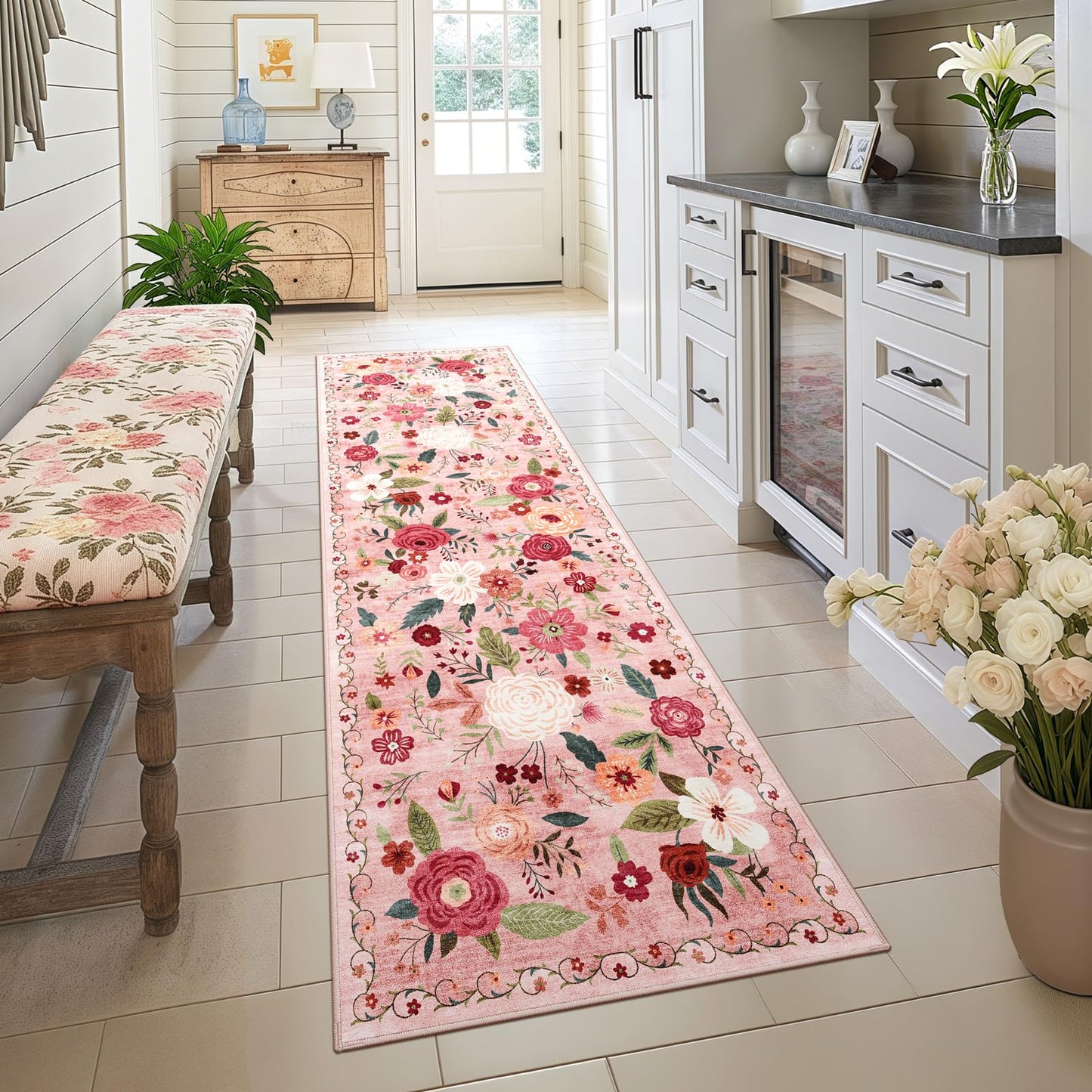 5x7 Washable Area Rug Green Boho Floral for Living Room Bedroom Nursery | Carpet for Dining Room, Soft Low-Pile Non-Slip Faux Wool, Farmhouse Indoor, Kid & Pet Friendly, Stain, Fade & Wear Resistant
