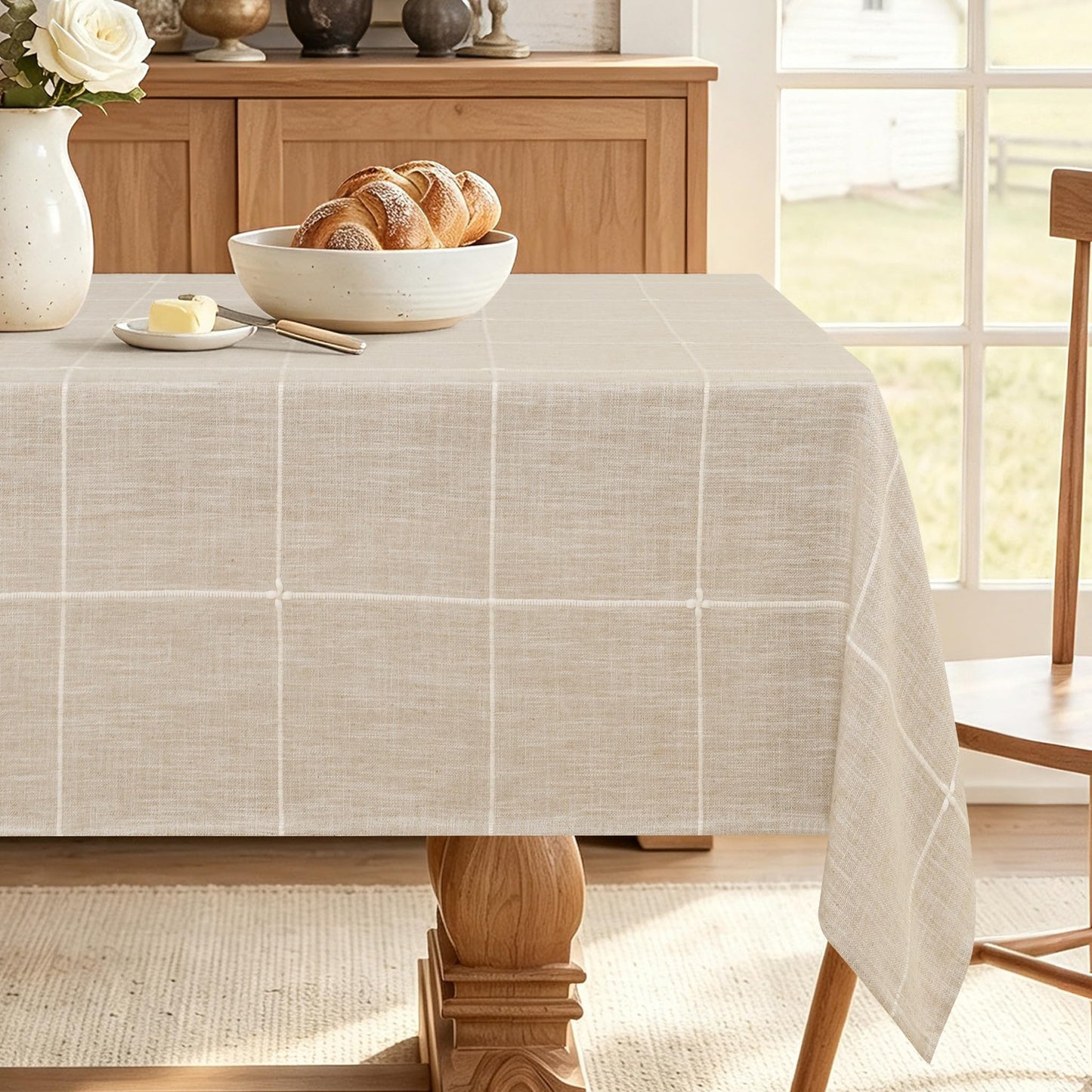 JIUZHEN Rectangle Table Cloth Faux Linen Farmhouse Tablecloth, Wrinkle and Stain Resistant Decorative Fabric Rectangular Spring Table Cover for Dining/Party/Birthday/Wedding, Beige, 54 x 80 Inch