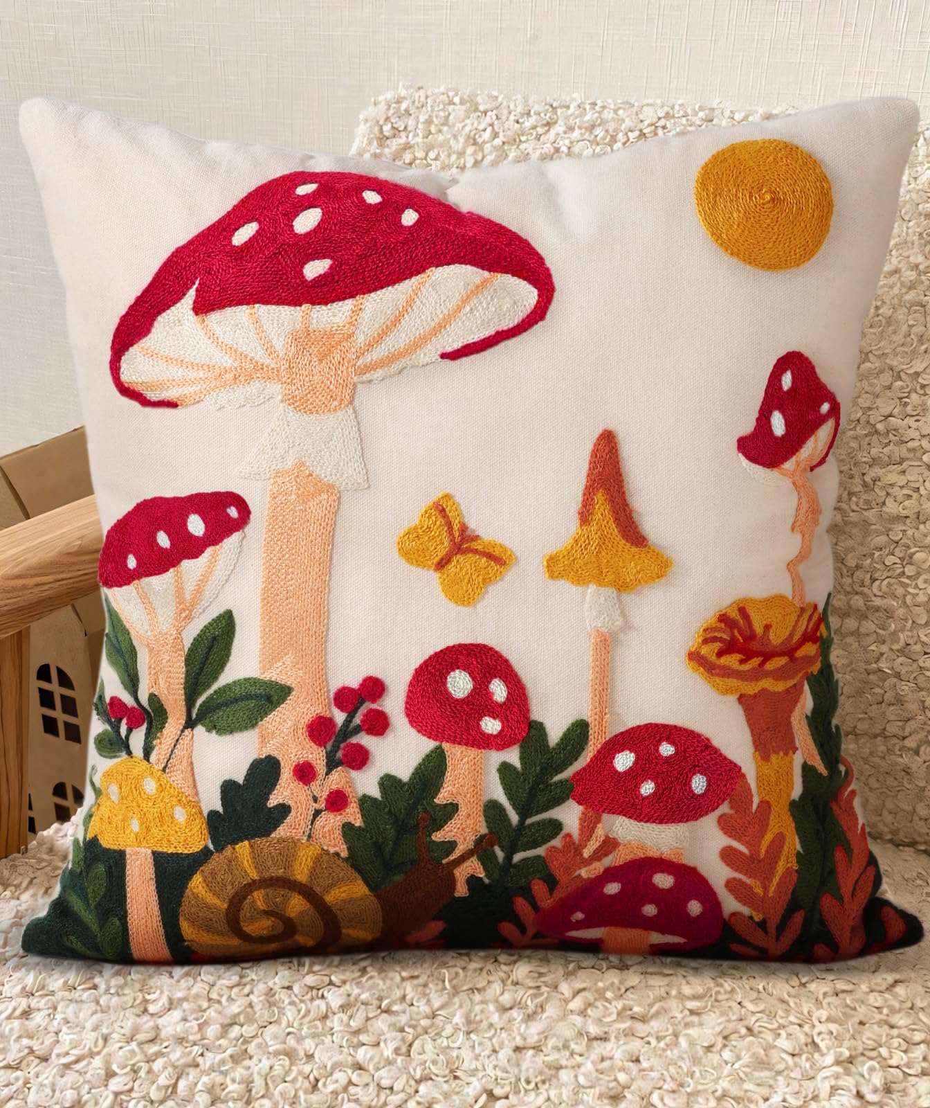 Embroidered Throw Pillow Cover 18x18 Inch, Flower Cluster | Decorative Pillow Cover, Floral Farmhouse Cushion Case with Hidden Zipper, Home Decor for Couch, Sofa, Living Room, Bedroom