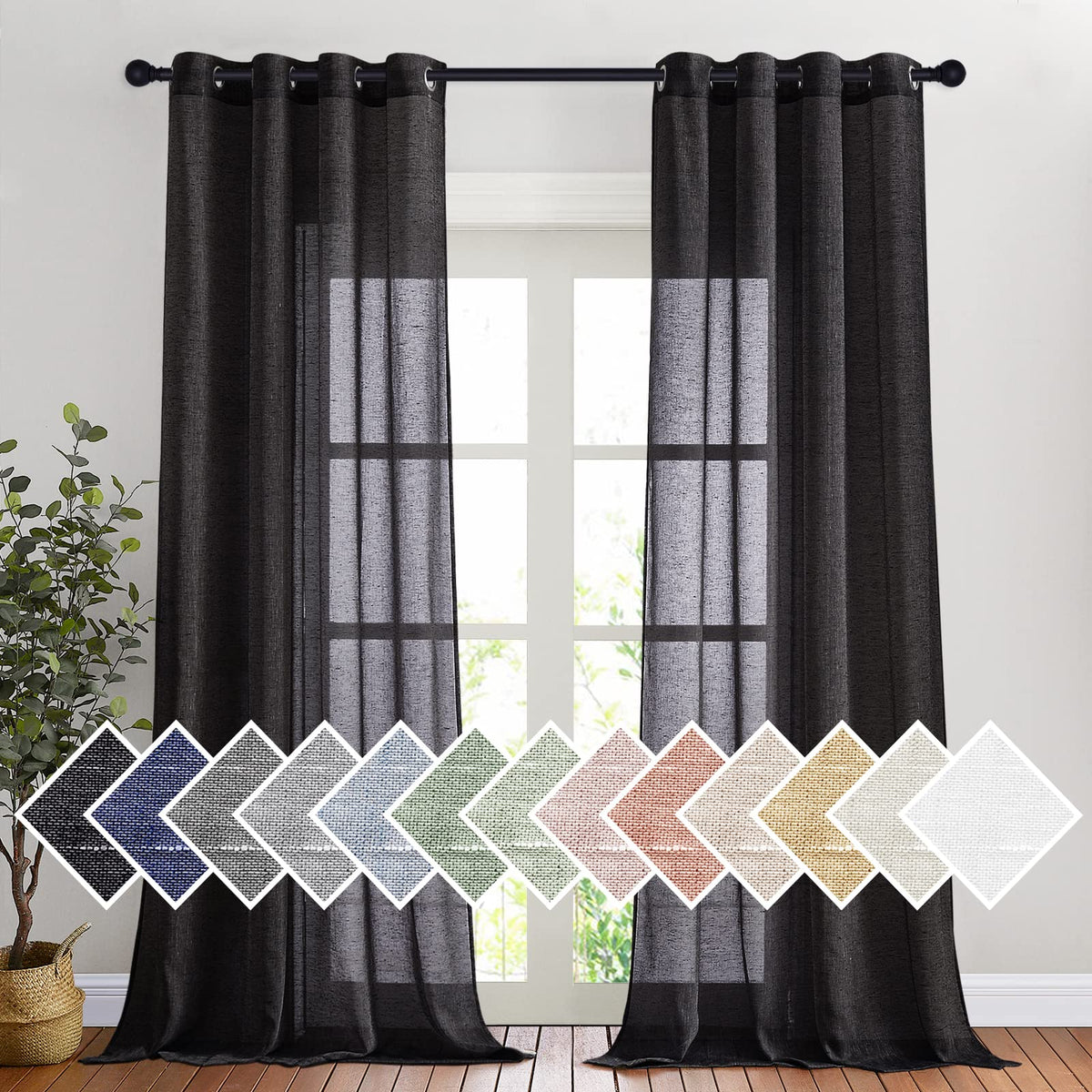 NICETOWN White Sheer Linen Curtains for Living Room 84 inch Length 2 Panels Set, Grommet Semi Sheer Privacy with Light Filtering Flax Window Treatments for Bedroom, W52 x L84